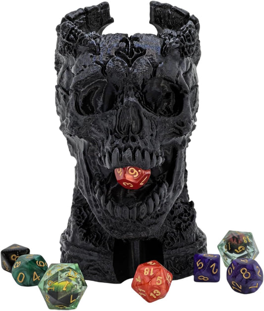 Dark Skull Dice Tower Dungeons and Dragons RPG abletop Roleplaying Game Jail D&D (Random 7PCS D20 Dice Set Included) Black