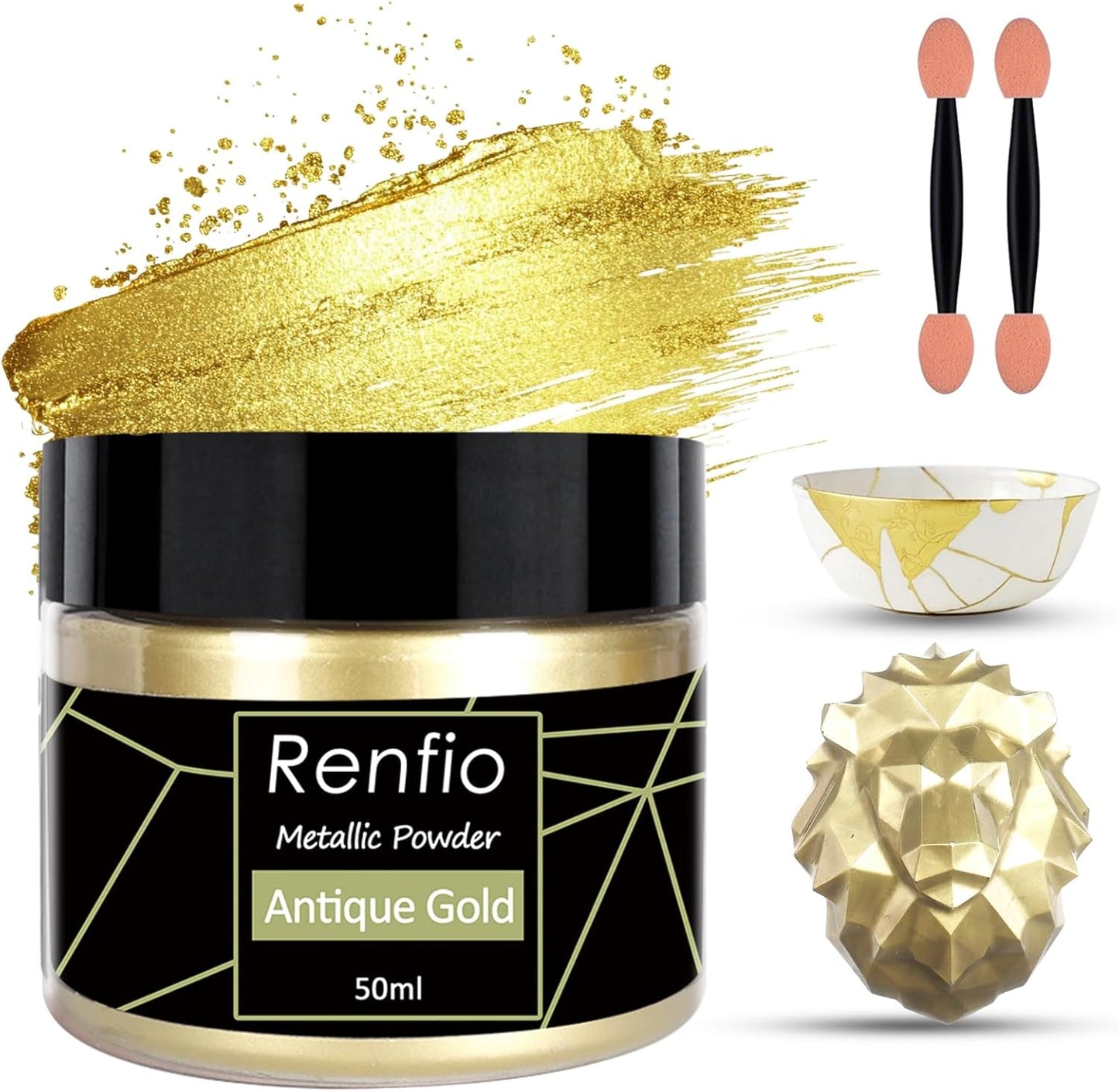 Renfio Metallic Pigment Powder,Gold Mica Powder for Resin,50ml Antique Gold Resin Color Pigment for Kintsugi,Polymer Clay,Crafts,Slime,Candle,Nail,Paint,Fabric,Festival,Decoration