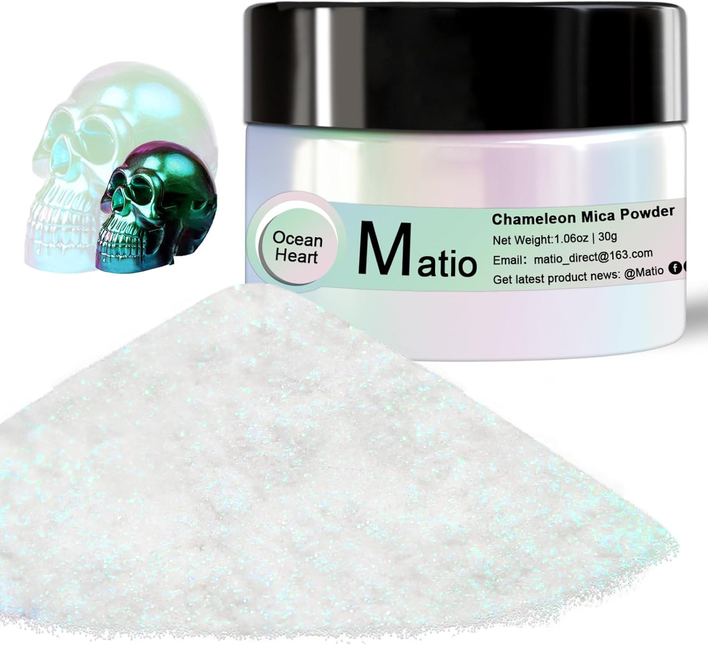 Matio Chameleon Mica Powder, 1.06oz/ 30g Ocean Heart White Chrome Powder, Pearlescent Effect Color Shift Pigment for Resin Craft, Soap Candle Dye, Nail Art, Makeup, Bath Bomb, Paint, Slime Pigment