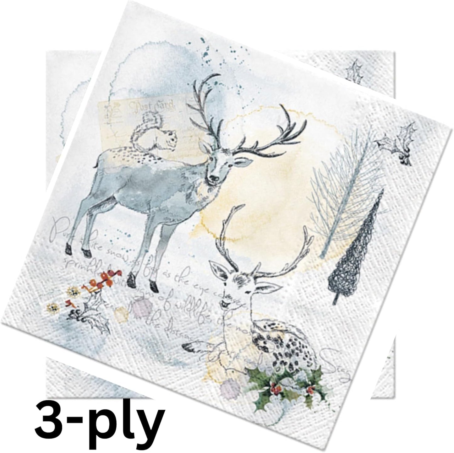 20-ct 13x13 Christmas Paper Decoupage Napkins, 3-Ply Servilletas Tissue Napkin for Dinner and Parties, Disposable Napkins (Animal Winter)