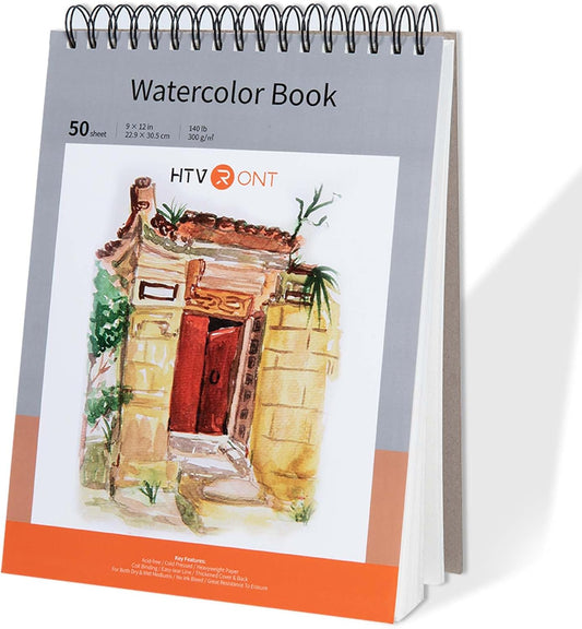 HTVRONT Watercolor Paper 9x12 Inch - 50 Sheets Watercolor Pad, 140 lb/300 GSM Cold Press Watercolor Paper Pad, Spiral Bound for Full Spread & Sturdy Use, Ideal for Wet & Dry Media