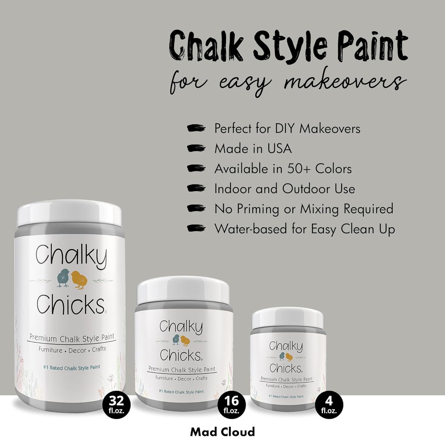Chalky Chicks All-in-One Chalk Paint for Furniture or Cabinet - 16 Fl Oz - Matte Finish Mad Cloud (Light Gray) for Metal, Wood Furniture Paint - No Sanding All-in-One for Home Decor & Crafts, USA Made