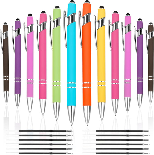 12 PCS 2 in 1 Stylus Ballpoint Pen with Stylus Tip, 1.0 mm Black Ink Metal Pen Stylus Pen for Touch Screens (Silver & Mix - 2)