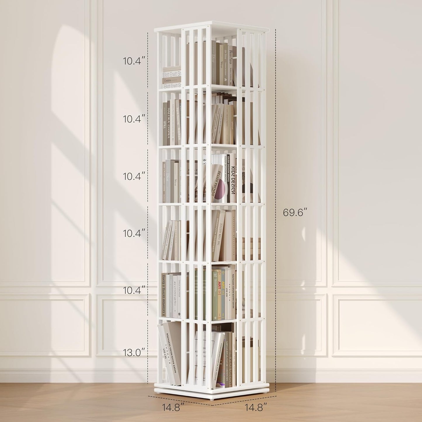 YOWOS Rotating Bookshelf Tower, 360 Display Spinning Bookcase, Bamboo Bookshelf Floor Standing Storage Rack, Wood Narrow Book Shelf Organizer for Kids&Adults (White, 6 Tier)