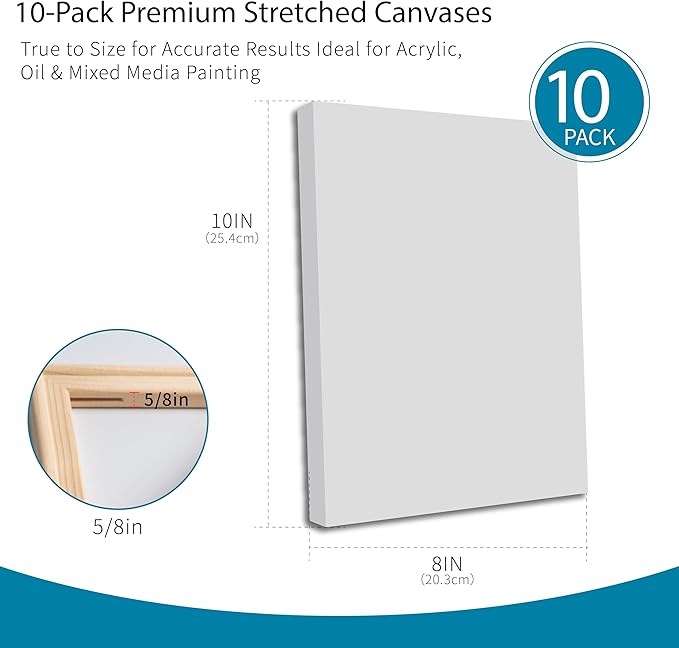 Bianyo 8x10 Inch Stretched Canvas for Painting – 10 Pack, 100% Cotton, Triple Primed & Acid-Free, Heavy-Duty Wood Frame, Blank Art Canvas for Acrylic, Oil, Watercolor & Mixed Media