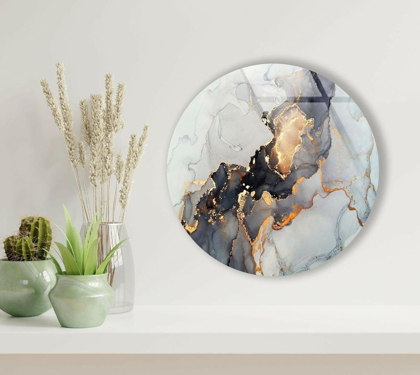 My Photostation.com 24''(60cm) Diameter Gold Details Gray Marble Round Glass Wall Art Tempered Glass Printing Wall Decor Large Wall Art Wall Hangings