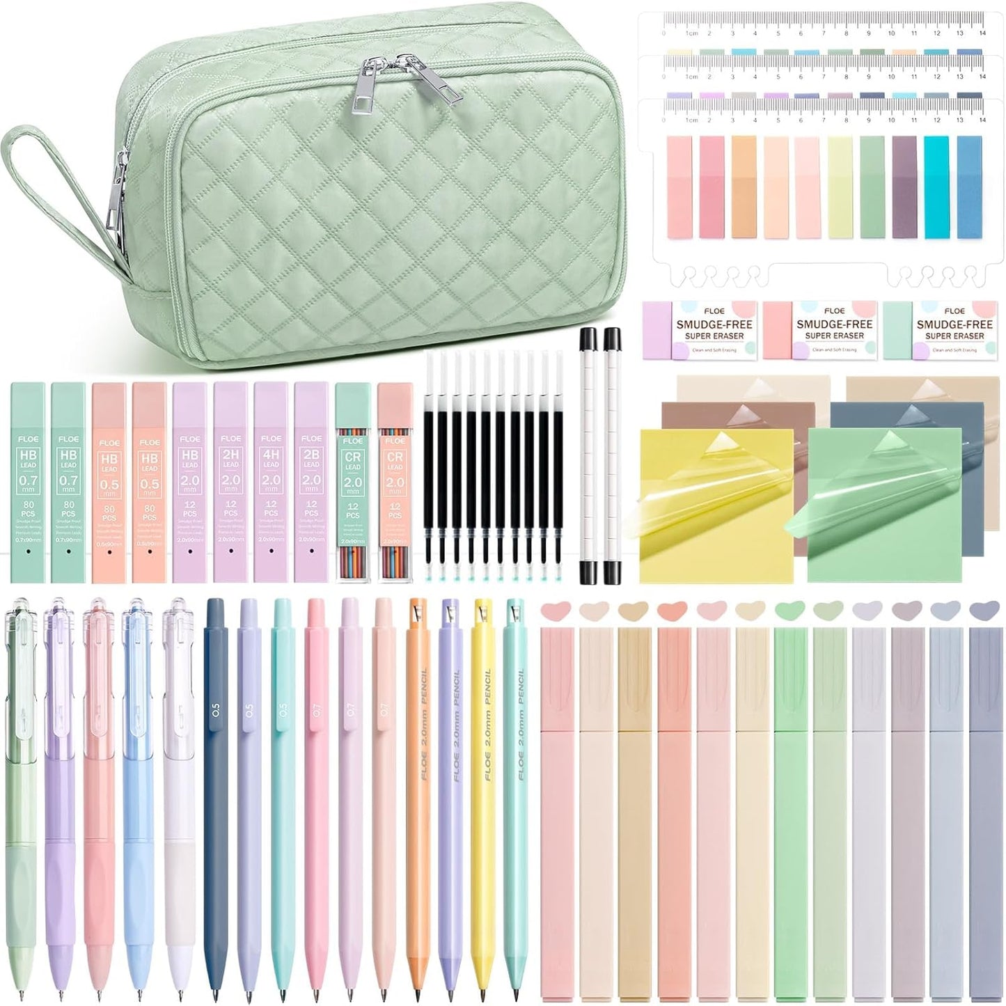 62PCS Aesthetic School Supplies with Cute Pencil Case, Pastel Highlighters Black Ink Gel Pens Mechanical Pencils Kit, Back to School Supplies College Essentials Preppy Stationary Set for Student Girls