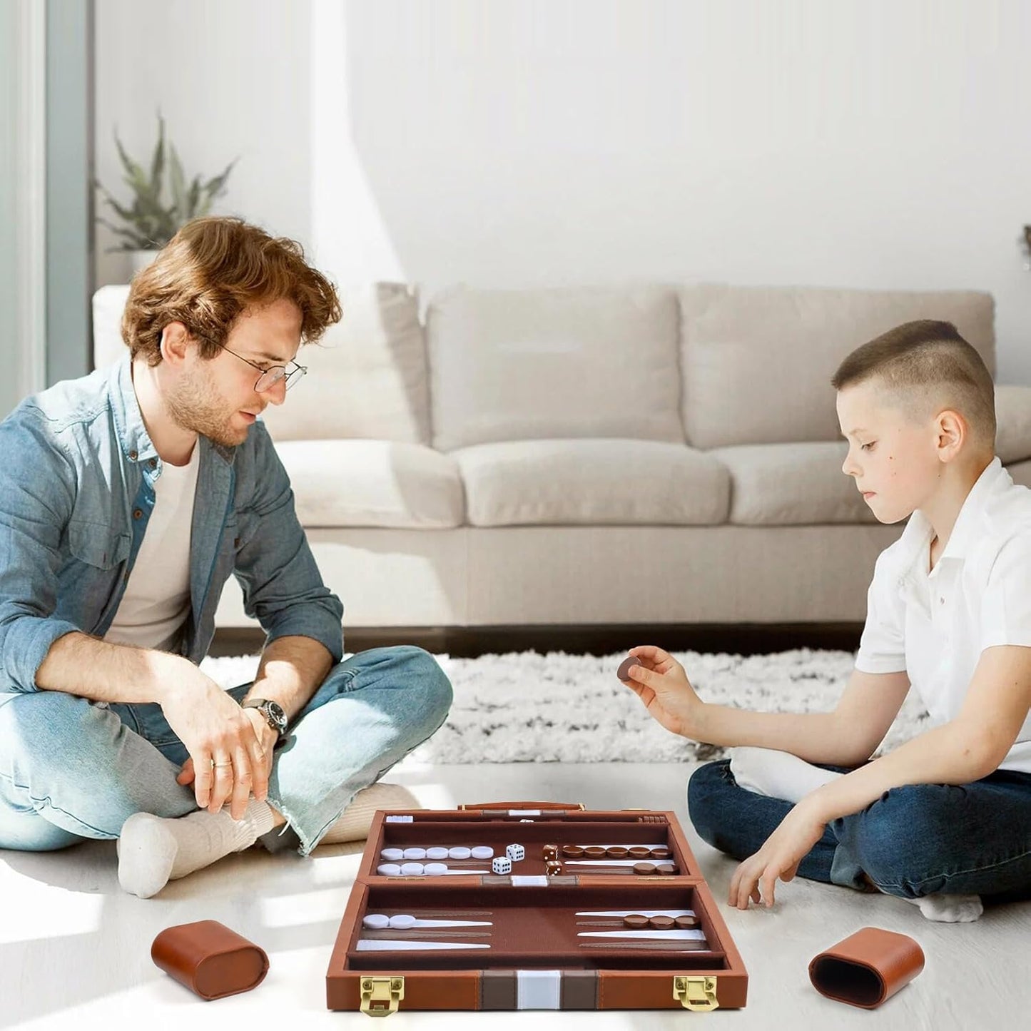 Backgammon Set 2 Players Classic Backgammon Sets for Adults Board Game with PU Leather Case Portable and Travel Backgammon Set (Brown, 15inch)