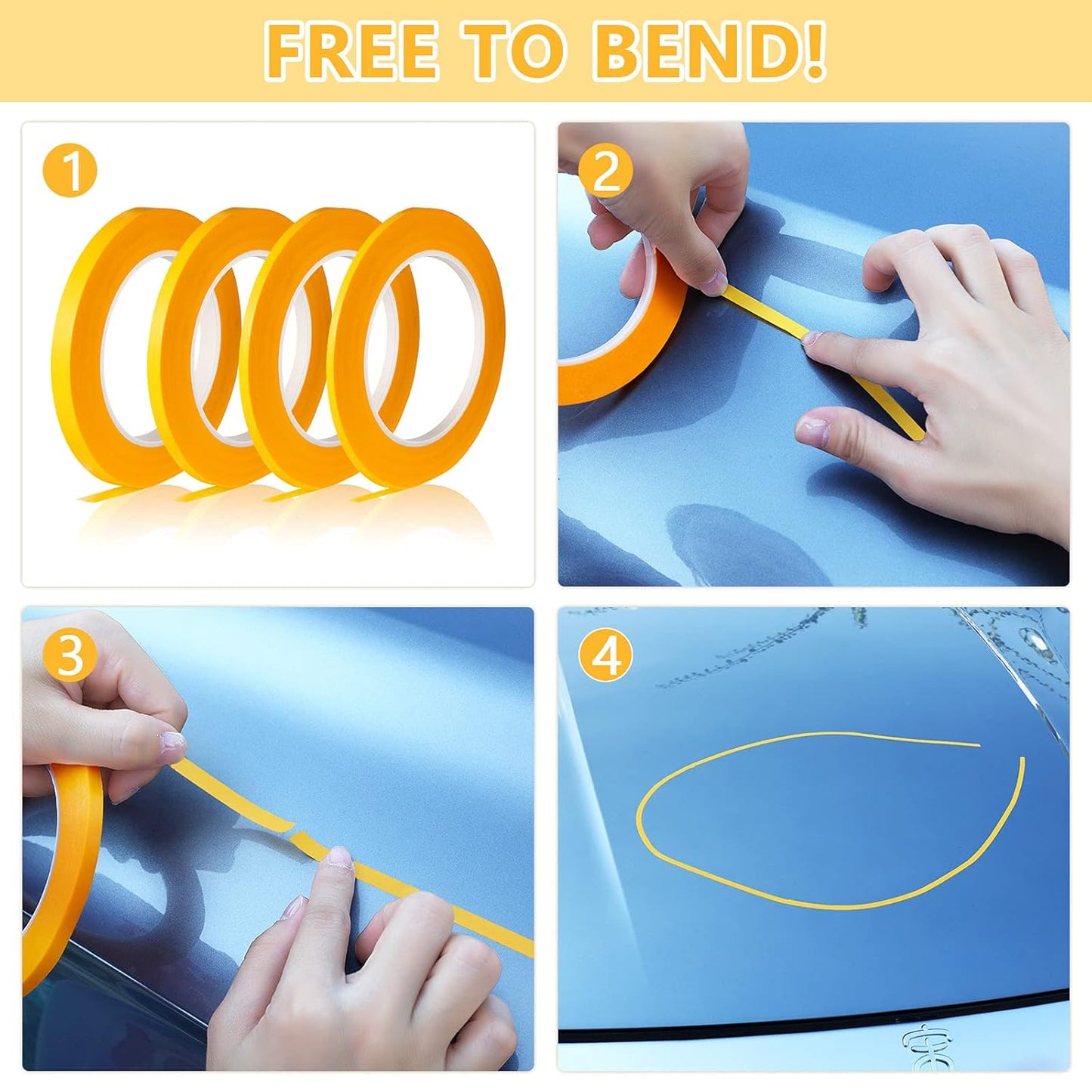 Epakh 4 Rolls Pinstripe Tape, Masking Tape in 1/16, 1/8, 1/4 and 1/2 Inch Wide, for Painters Automotive DIY Car Auto Paint Art(Yellow,52 yd)