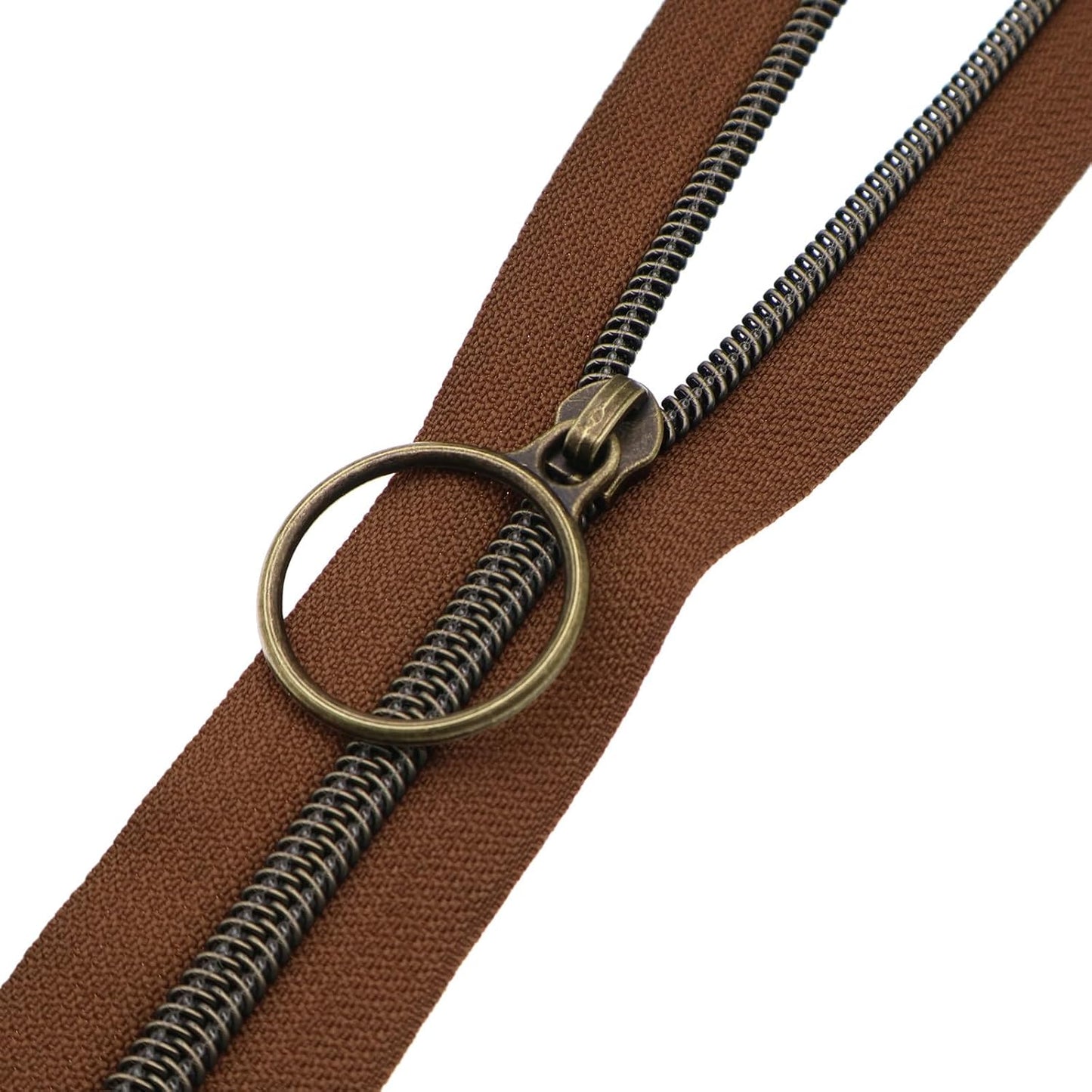 Leekayer #5 Antique Brass Metallic Nylon Coil Zippers by The Yard Bulk 10 Yards with Ring Pulls(Brown Tape with 25pcs Brass Sliders for DIY Sewing Tailor Craft Bag(Brown)