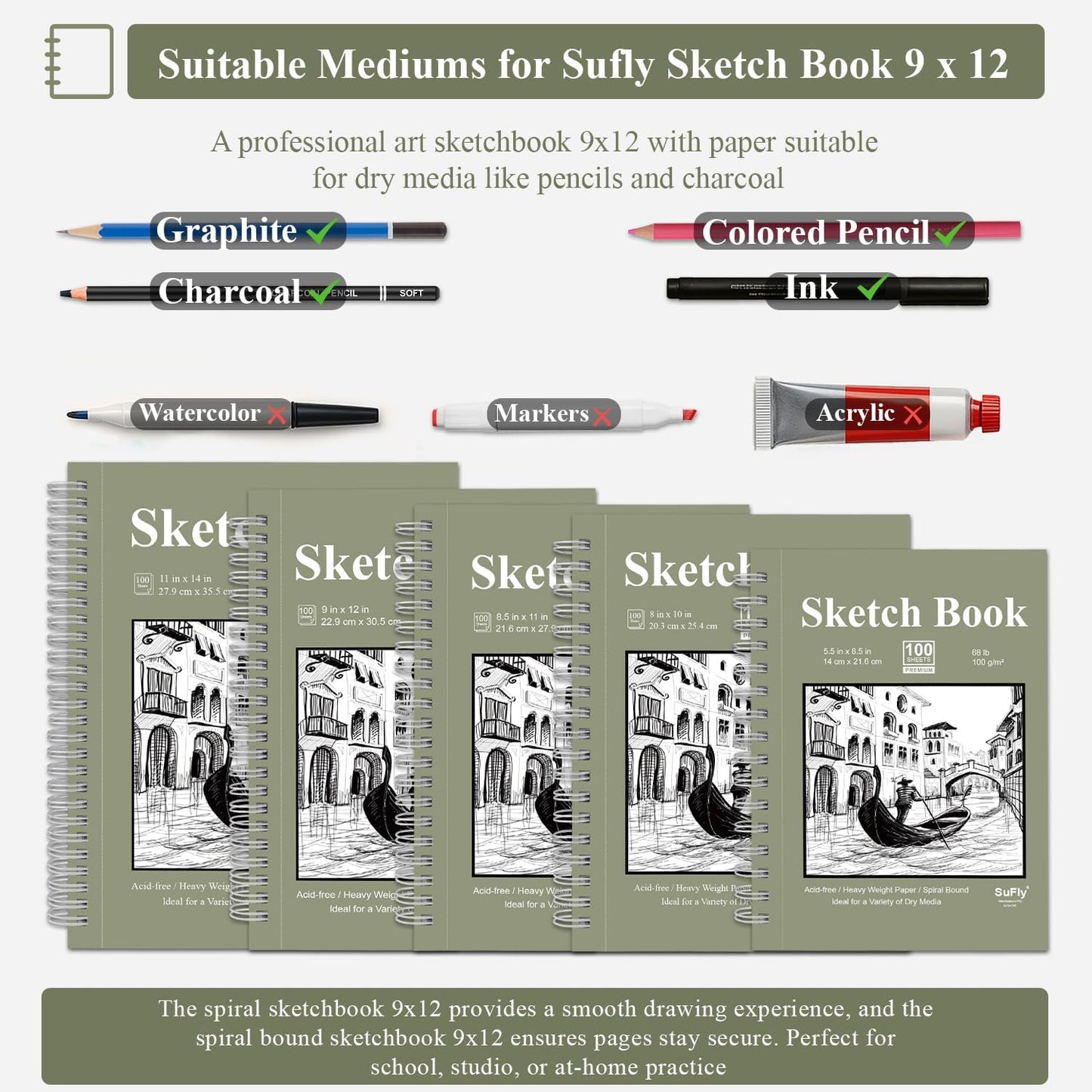 Sketch Book 9x12 inch, Pack of 2 (Total 200 Sheets) Spiral Bound Sketchbook, 68 lb/100gsm Artist Sketch Pad, 100 Sheets Each, Sturdy Acid Free Drawing Paper, Suitable for Adults & Teens