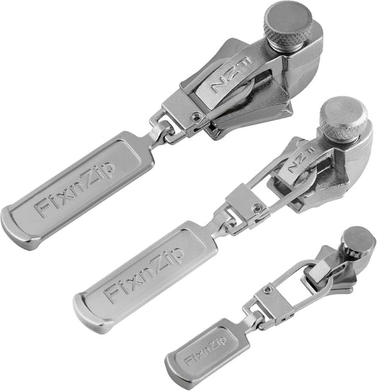 FixnZip (Nickel 3 Pack) - Universal Zipper Repair Kit for Jackets, Luggage, Bags - Backpack Zipper Replacement Repair Kit - Instant Zipper Fix (S,M,L)