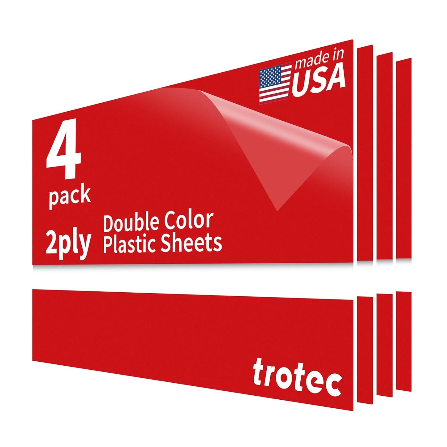 Trotec TroLase | 12"x20"x1/16", 4 Pcs | Red/White | 2 Ply | Modified Acrylic | Laser Engraving Double Color Plastic Sheet | Engraving Blanks for Laser, Saw, Guillotine | Made in USA