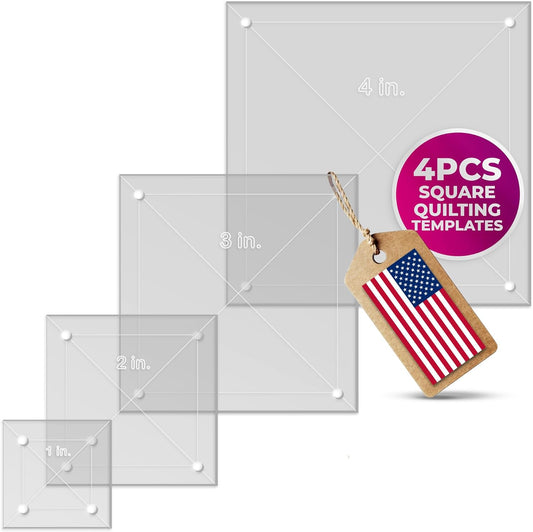 Quilting Acrylic Template Set | Precision Tools for Quilting Enthusiasts | Square Design | Includes Sizes 4", 3", 2", 1" | 1/8 Clear Acrylic | 1/4" Seam Allowance for Accuracy