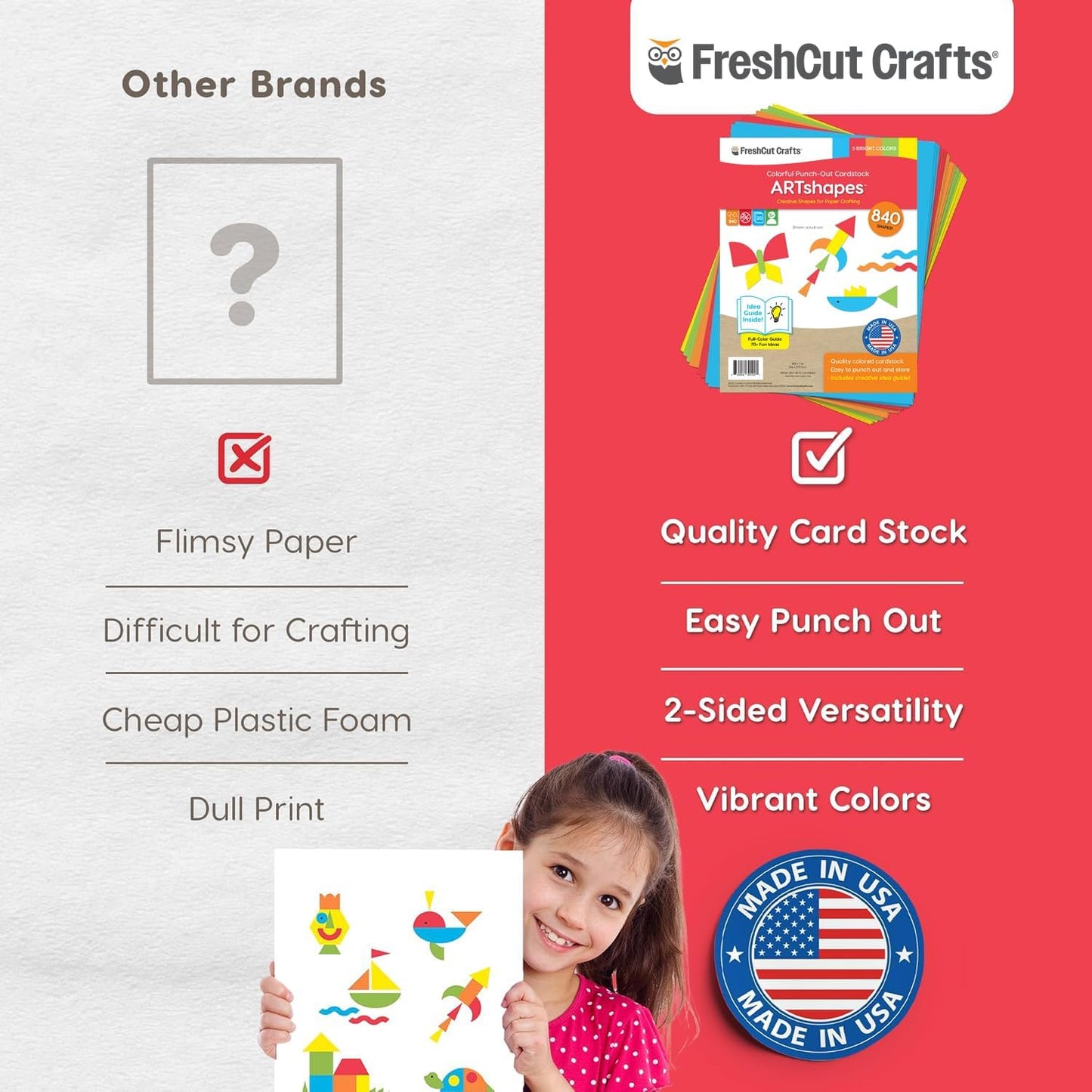 ARTshapes 840 pc Creative Paper Shapes Pack with 70+ Idea Guide - US Made Card Stock - Punch Out Funky DIY Craft Supplies for Whimsical Art Designs, Paper Crafts, and Pattern Play 5 Bright Colors