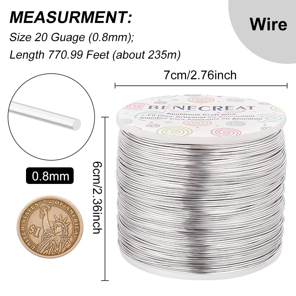 BENECREAT 20 Gauge 770FT Aluminum Wire Anodized Jewelry Craft Making Beading Floral Silver Color Aluminum Craft Wire for Flower Gardening, Gem Wrapping Jewelry Making