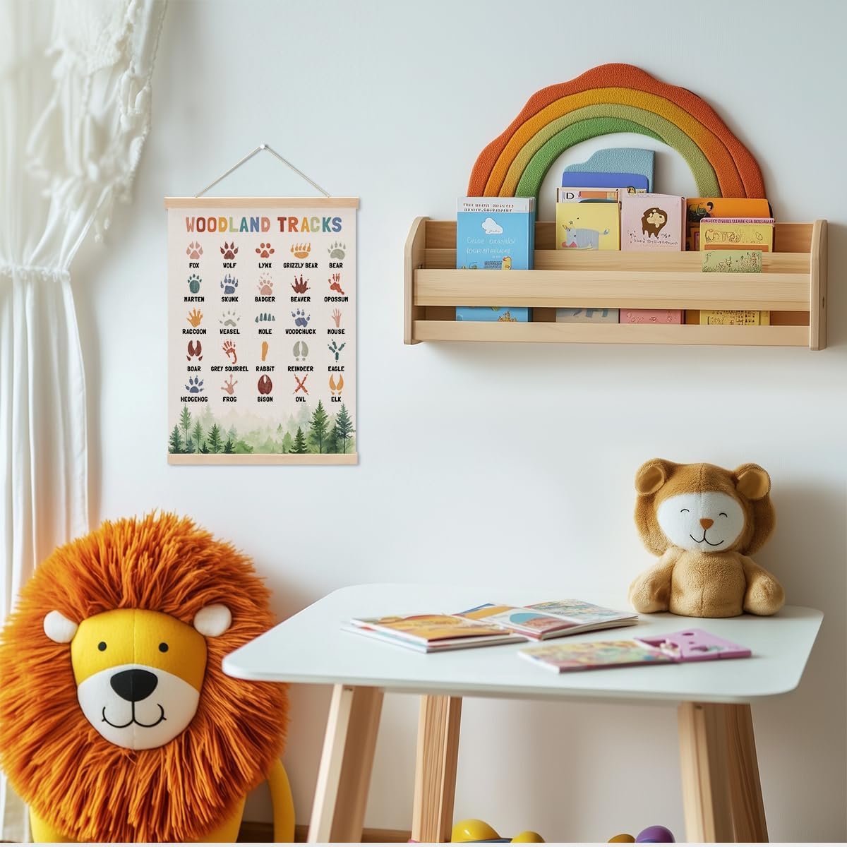 Boho Animal Woodland Tracks Poster Hanger, Forest Jungle Animals Nursery Decor Wall Decor, Paw Print Educational Posters Country Wall Art Wall Hanging Banner Farmhouse Home Playroom Baby Room Decor