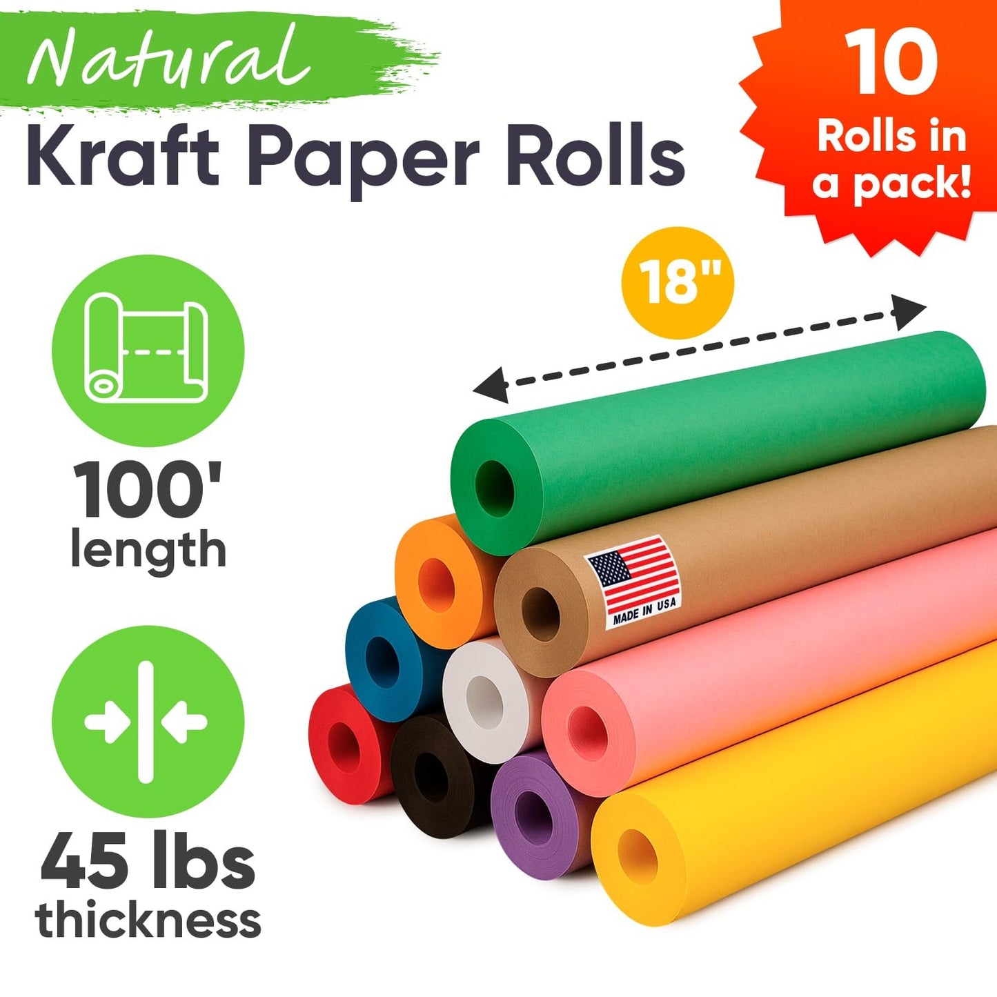 18" x 1200" (100 ft) Pack of 10 Rolls USA-Made Multi-Color Kraft Paper Rolls, 45 lbs/66 GSM – Colored Kraft Paper for Packing, Crafts, DIY Projects, Gift Wrapping – Non-Toxic, Safe for Kids