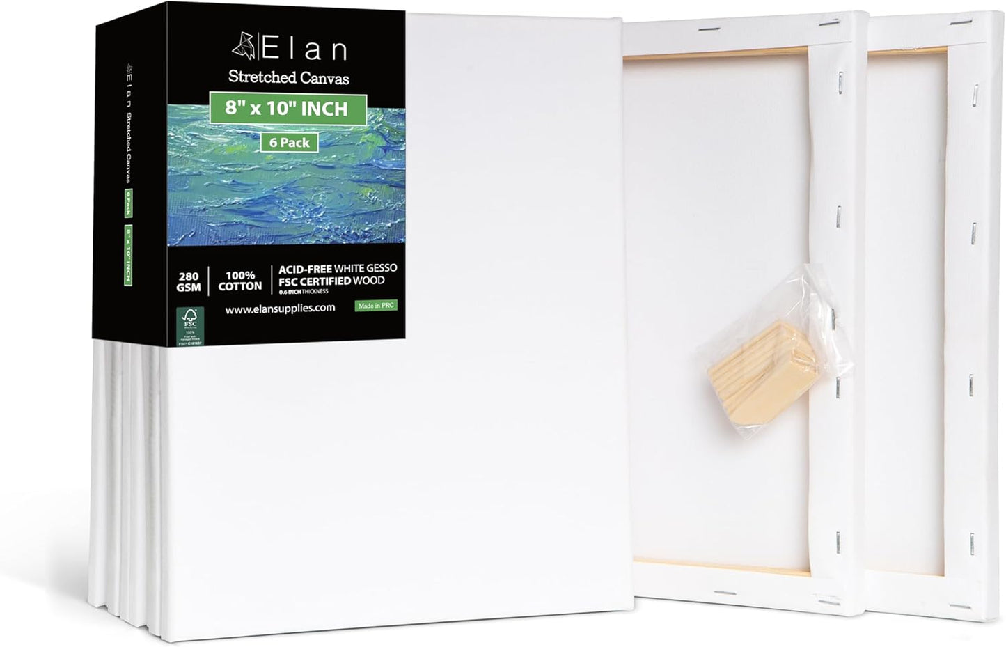 Elan Stretched Canvases 8x10 Inch, 6-Pack Blank Canvases for Painting 8 oz, Triple Primed Stretched Canvas for Painting, 8x10 Canvas Bulk