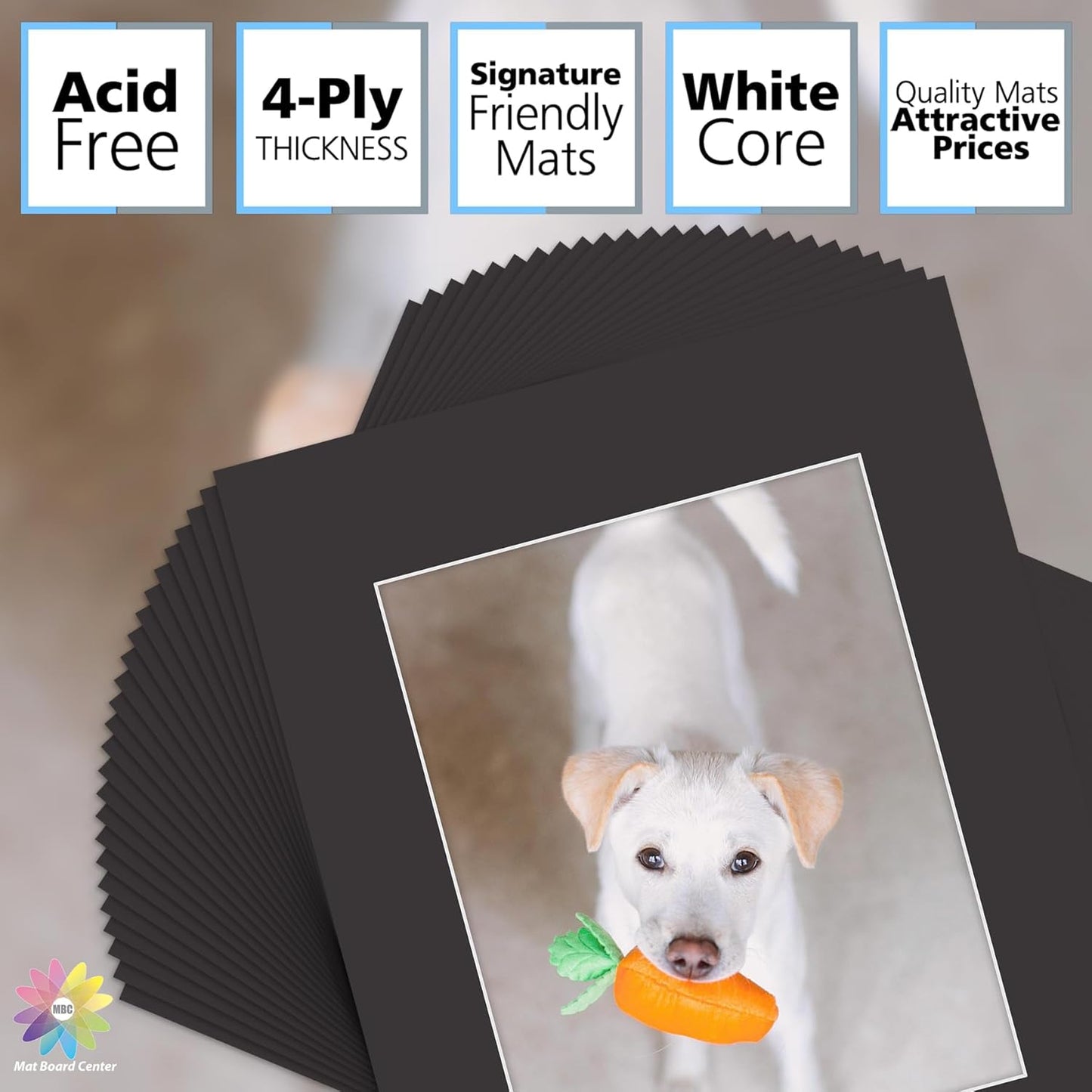 Mat Board Center, Pack of 25, 16x20 for 11x14 Black Mats - Acid Free, 4-ply Thickness, White Core - for Pictures, Photos, Framing