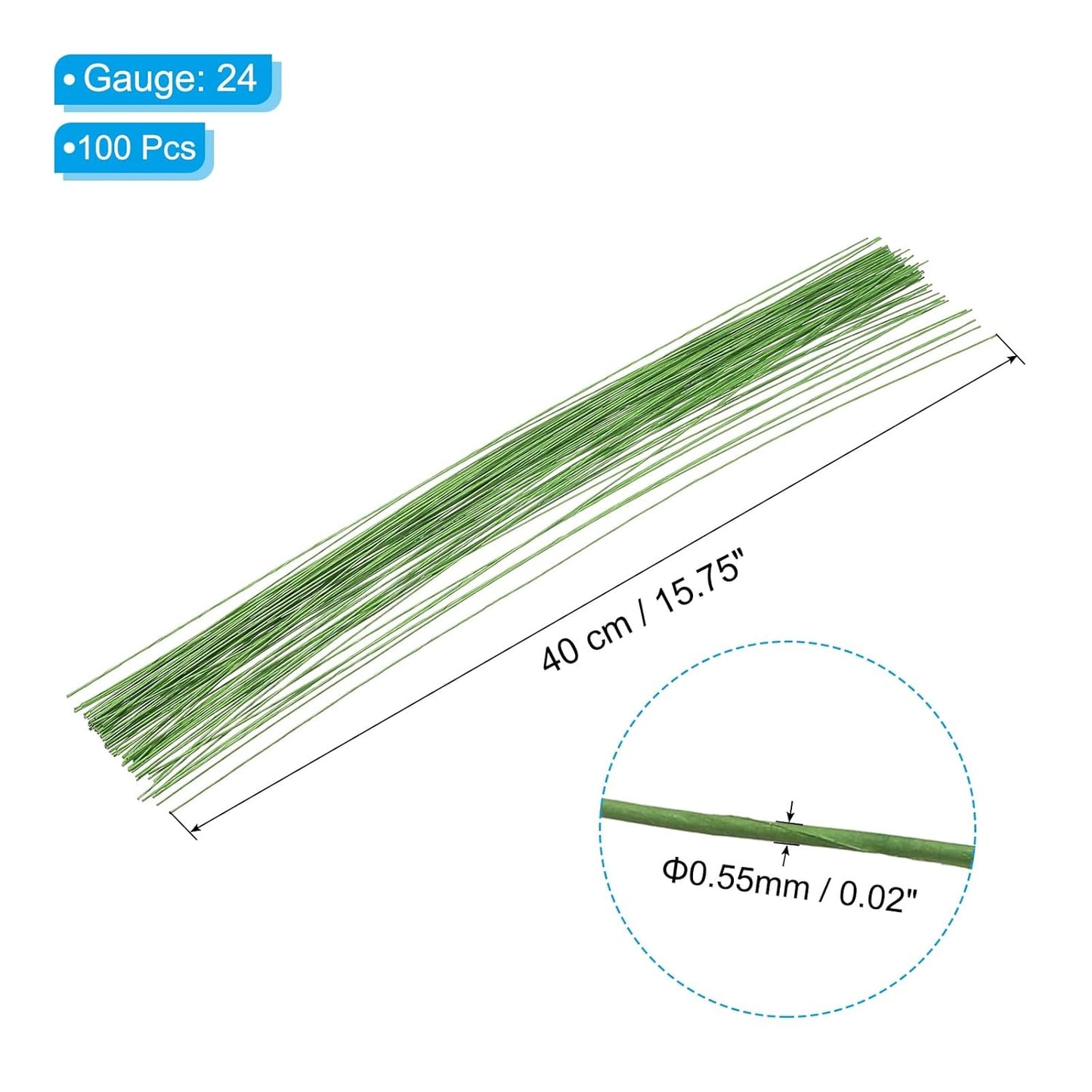 PATIKIL 24 Gauge 16" Floral Stem Wire, 100 Pcs Paper Wrapped Iron Artificial Flower Stem Accessories for DIY Bouquet Stem and Craft Decoration, Light Green