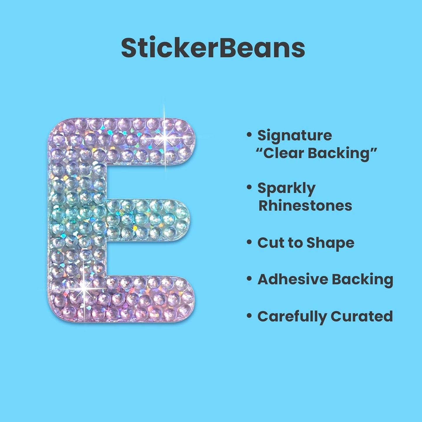 StickerBeans® Rhinestone Alphabet Letter Sticker E - Unique Sparkly Design 2” x 2” Cut-to-Shape Adhesive - Personalization, Collecting, Gifting, Scrapbooking, Decorating Laptops, Phone Cases, All Ages