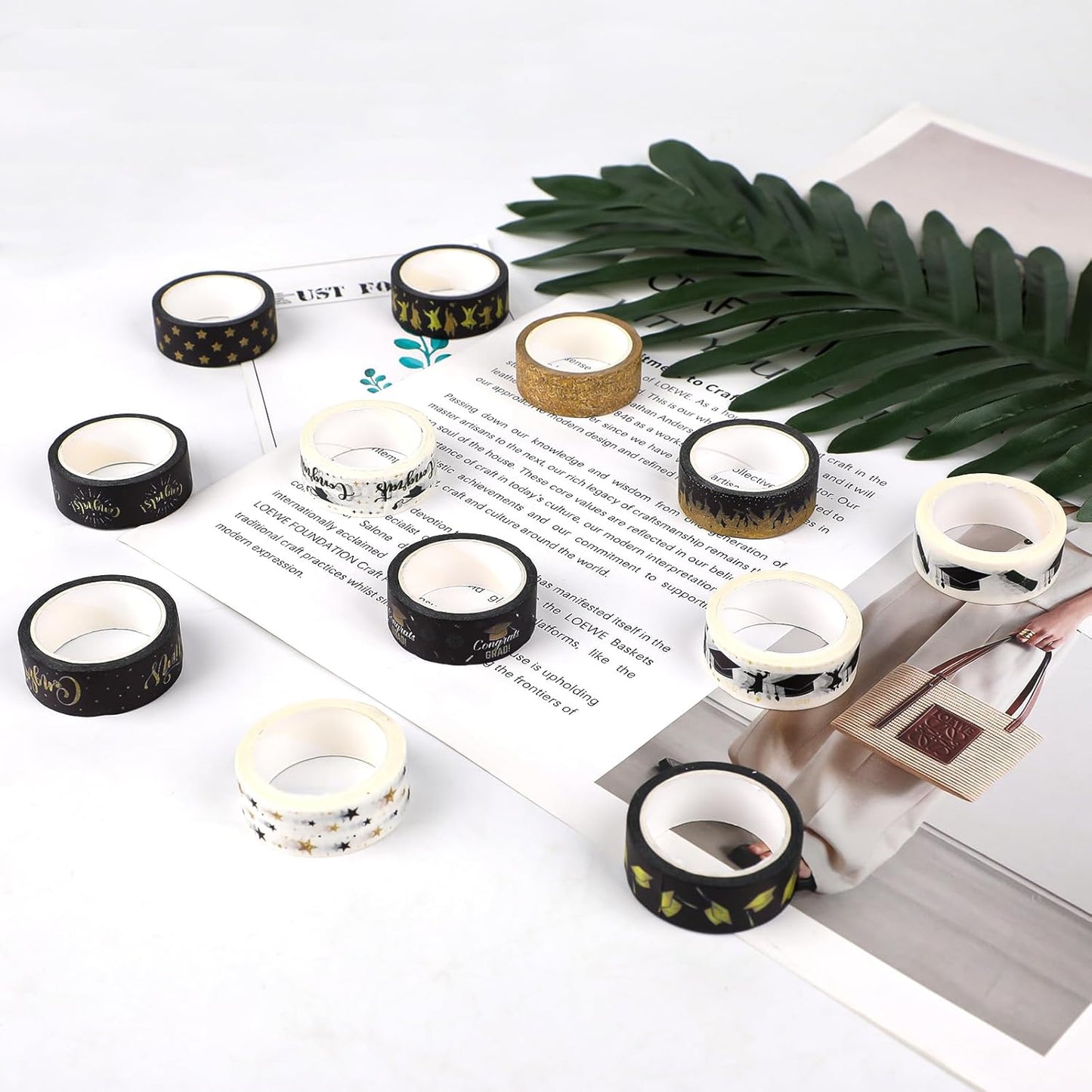 12 Rolls Graduation Washi Tape, Black Foil Gold Congrats Grad Masking Tapes, Congratulations Grad Cap Decorative Paper Stickers for Graduation Scrapbook Gift Wrapping DIY Art Crafts 16.4FT