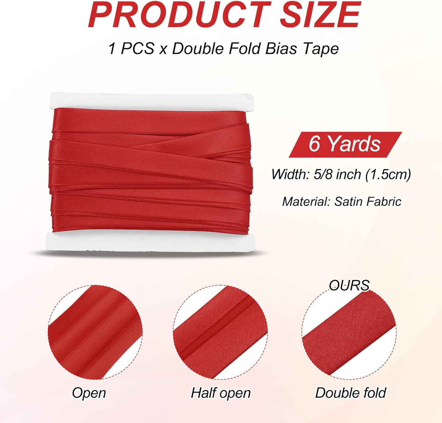 MECCANIXITY Double Fold Bias Tape for Sewing 5/8 Inch x 6 Yards Satin Pre-fold Continuous Binding Tape for Seaming Quilting Hemming Binding DIY Crafts, Red