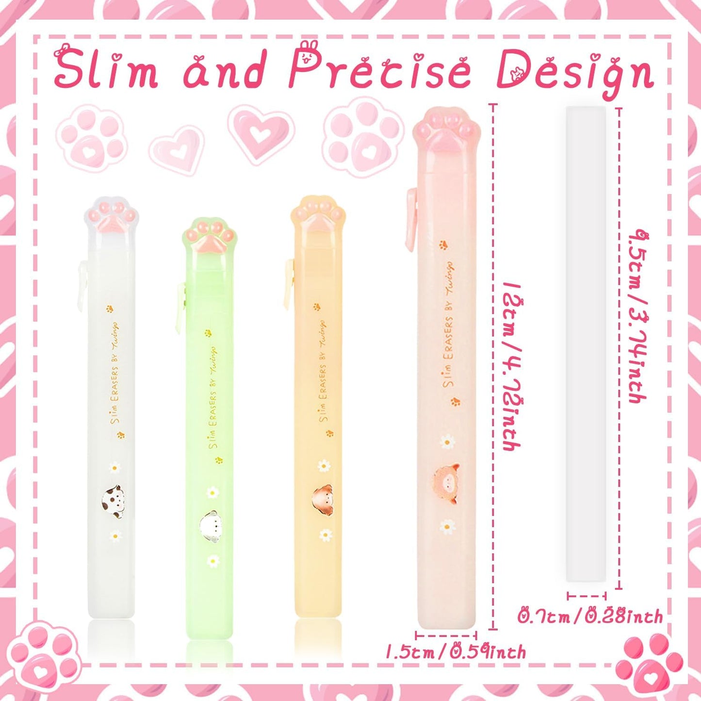 Benvo Retractable Cat Paw Erasers 4 Pcs with Refillable Rubbers Slim Erasers for Precise Erasing, Cute Eraser for Students, Artists, Office Use