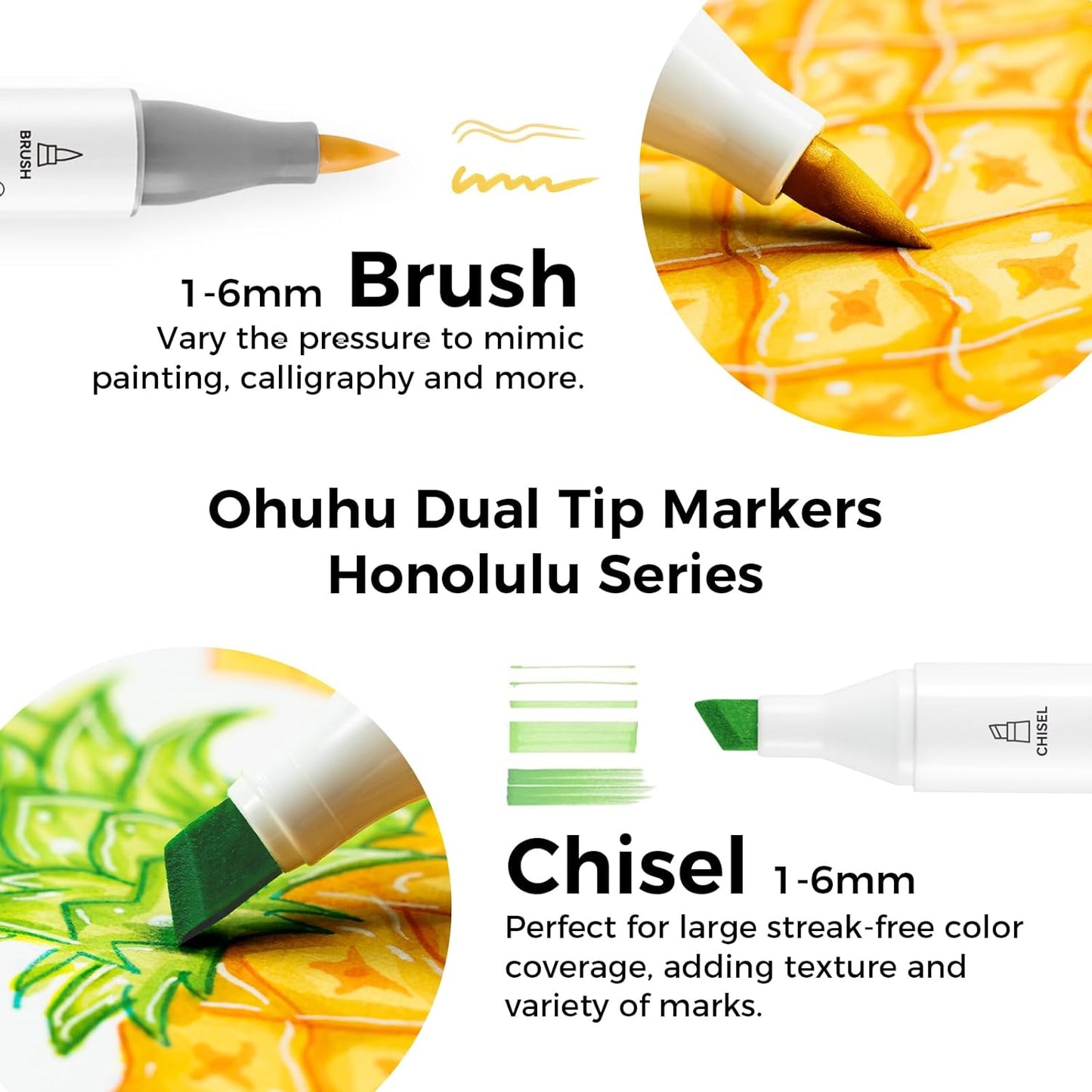 Ohuhu Alcohol Markers Brush Tip - 168-color Art Marker Set Double Tipped Alcohol-based Markers for Artist Adults Coloring Illustration- Brush & Chisel - Honolulu - Refillable Ink