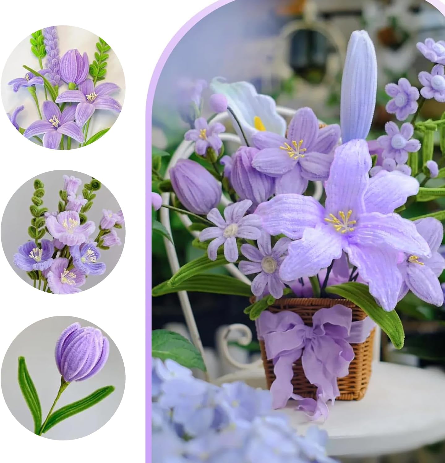 500 Pcs Pipe Cleaners Craft，5 Colors Pipe Cleaners Bulk,Chenille Stems Flowers Craft kit for DIY Handmade Bouquet Wrapping Party Decorations Whit Ribbons，Stems,Tape，Stamens, Glue Sticks (Purple)