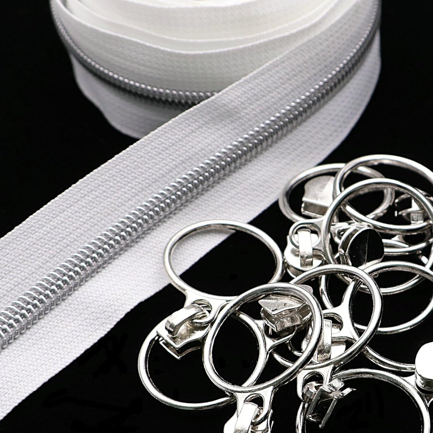 Leekayer #5 Silver Metallic Nylon Coil Zippers by The Yard Bulk 10 Yards White Zipper Tape with 25pcs Silver Ring Pull Sliders for DIY Sewing Tailor Craft Bag(White)