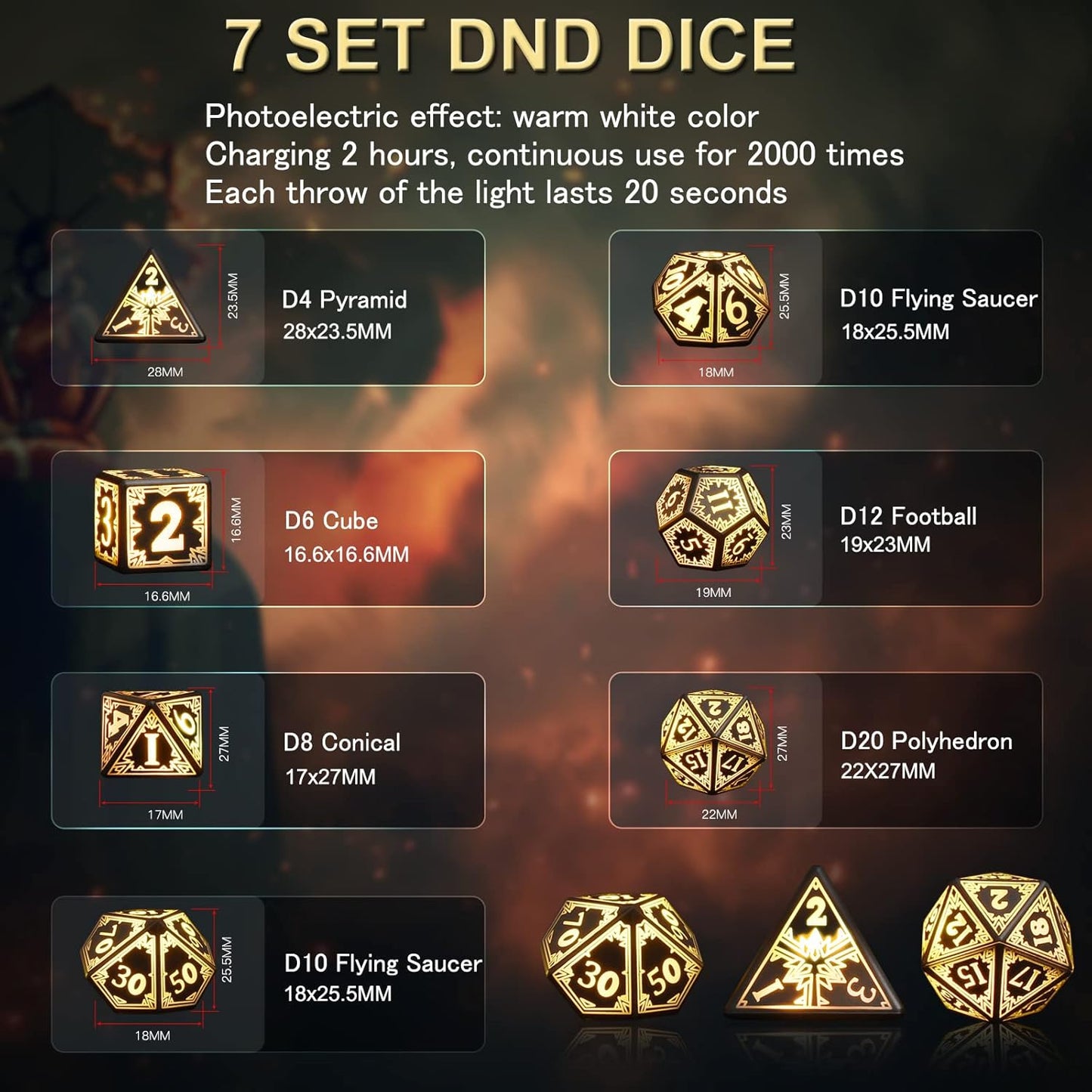 Rechargable DND Dice Set, Light Up Dice, 7PCS Glowing LED Dice Electronic Dices, D&D Polyhedral Dice Set for RPG Role Playing Table Game