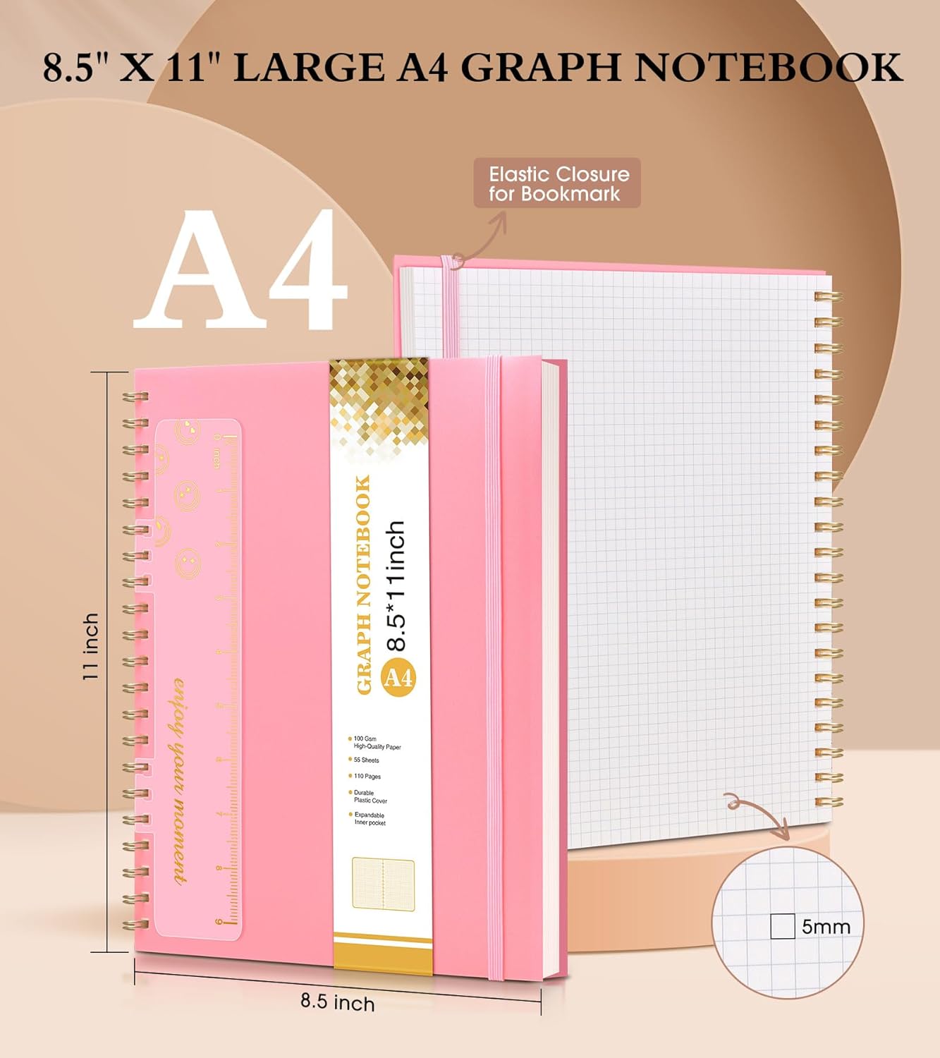 Graph Paper Notebook, Spiral Notebook Journal 8.5” x 11”, A4 Large Grid Notebooks for Women Men, 100 GSM Graph Paper, Plastic Hardcover Spiral Graphing Journals for Work School Engineering, Pink