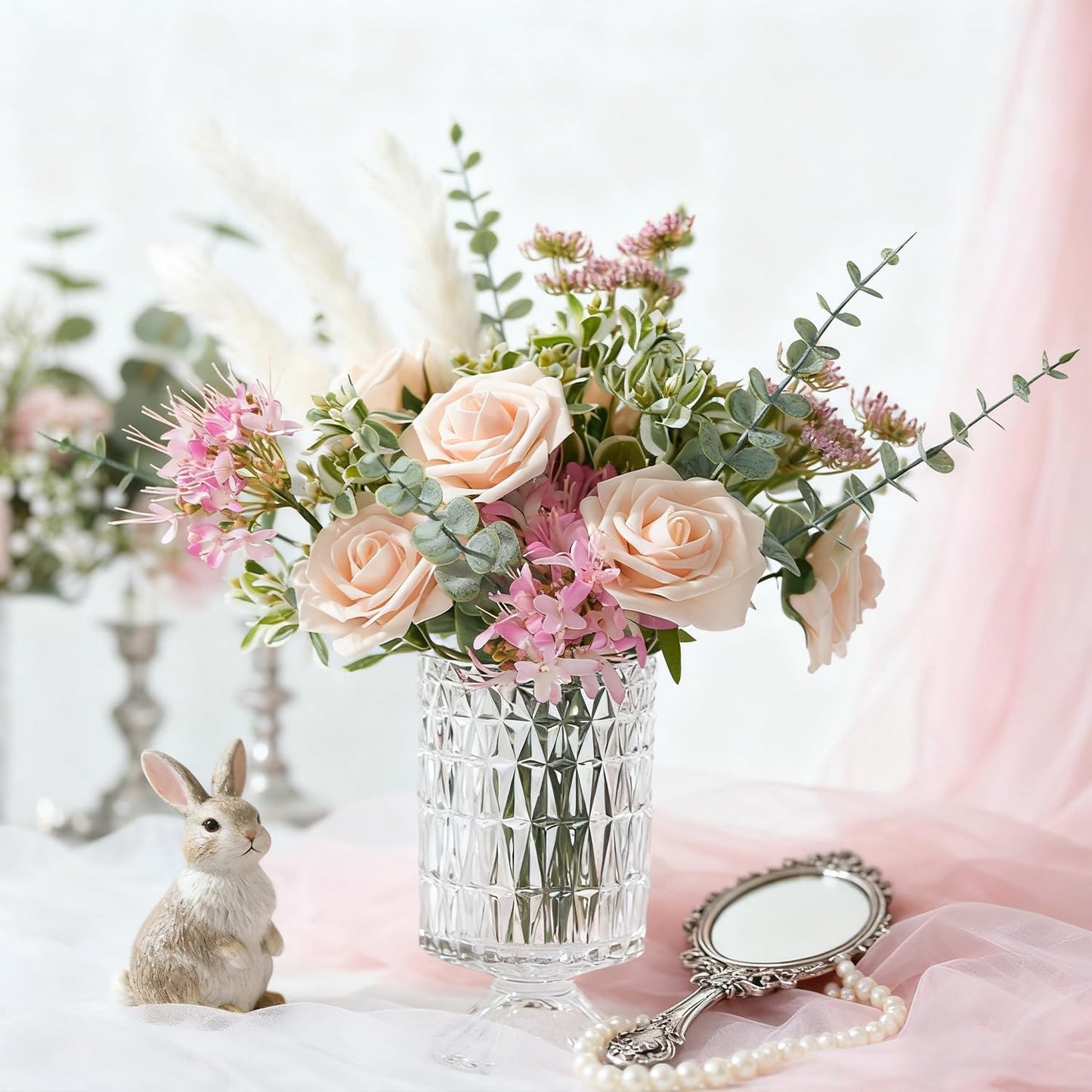 Artificial Flowers Foam Fake Roses 25pcs Champagne Roses with Stems for Home Decor DIY Wedding Bouquets Party Bridal Shower Centerpieces Faux Flower Arrangements Tables Decorations