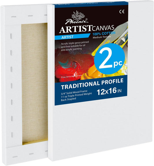 PHOENIX 12x16 Inch Pack of 2 Artist Canvas - Stretched Canvases for Painting - 3/4 Inch Profile, 100% Cotton 11 Oz. Gesso Primed White Blank Professional Canvas Oil & Acrylic Paints