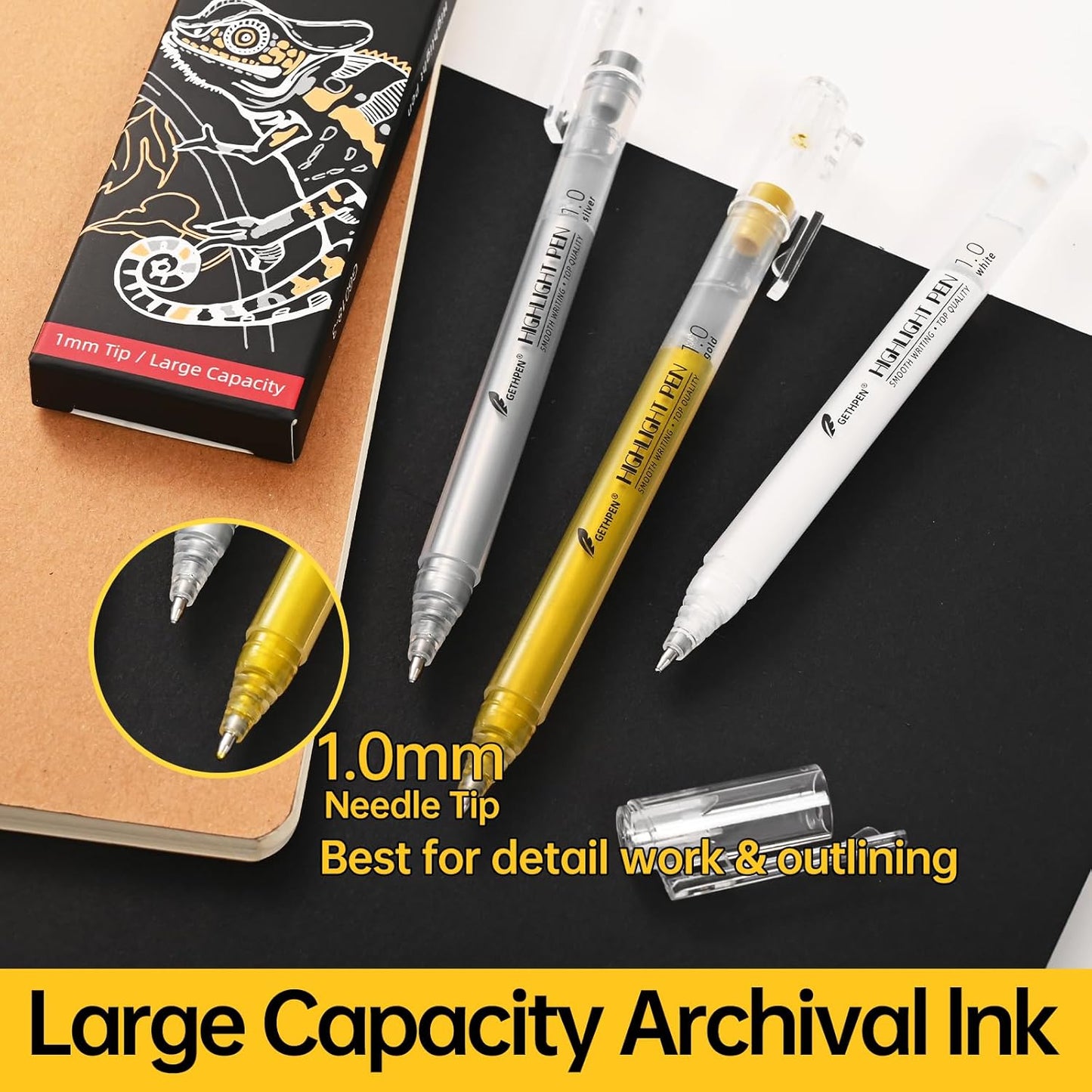 Gold Gel Pens, 1.0 mm Extra Fine Point Gel Ink Pens, Opaque Gold Archival Ink Pens for Black Paper Drawing, Sketching, Card Making, White Gel Pen for Artists Drawing, 3 Pack