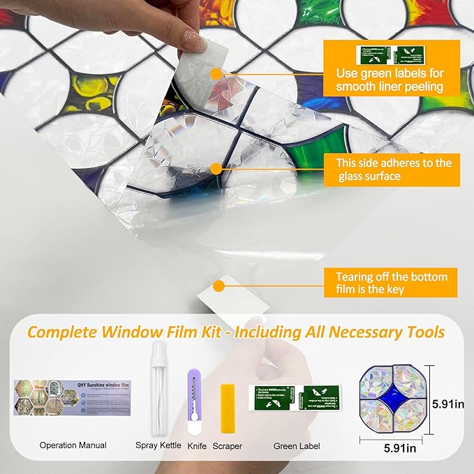 QHY Sunshine Colorful Rainbow Stained Glass Window Film Non-Adhesive Window Privacy Film Reusable Decorative for Room (Rainbow Mosaic, 23.6 x 78.7 in)