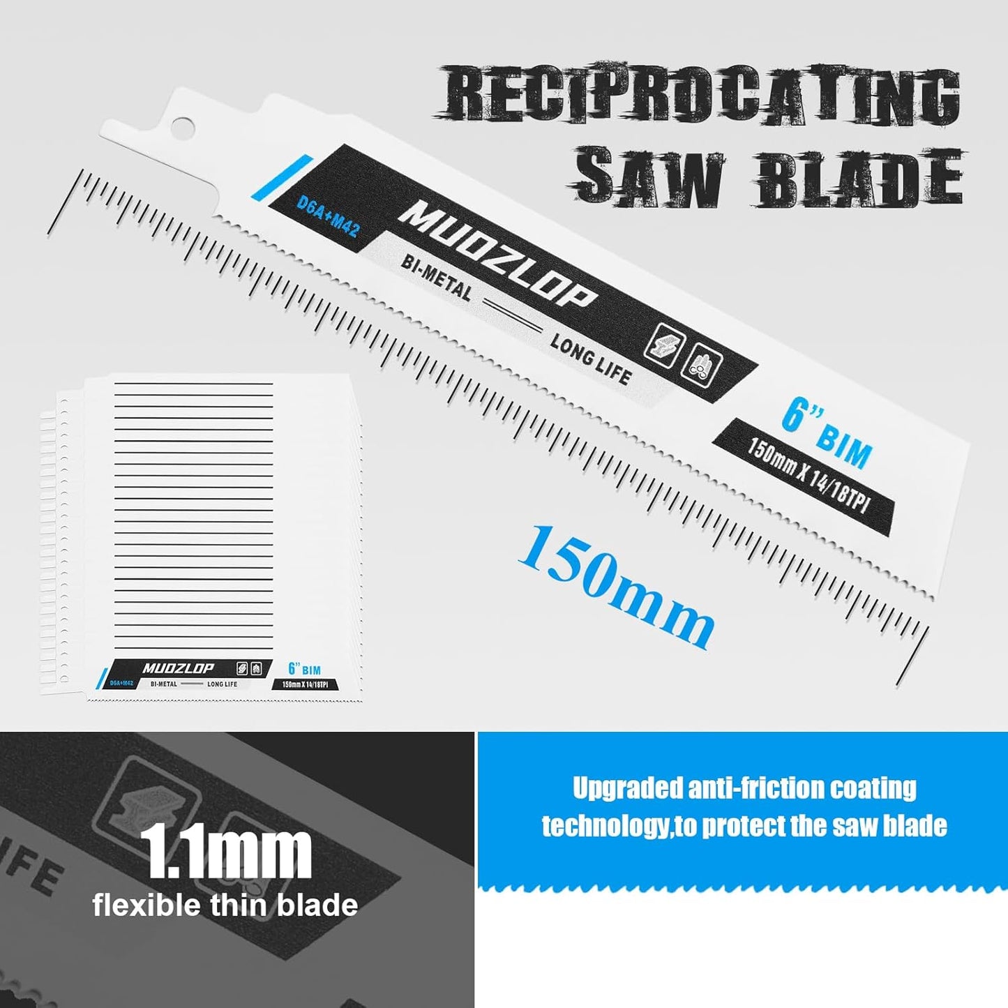 25 Pack 6 inch Reciprocating Saw Blades Set,14/18 TPI High Carbon Saw Blades, Metal Saw Blades with Organizer Case (25, 14/18TPI/150mm)
