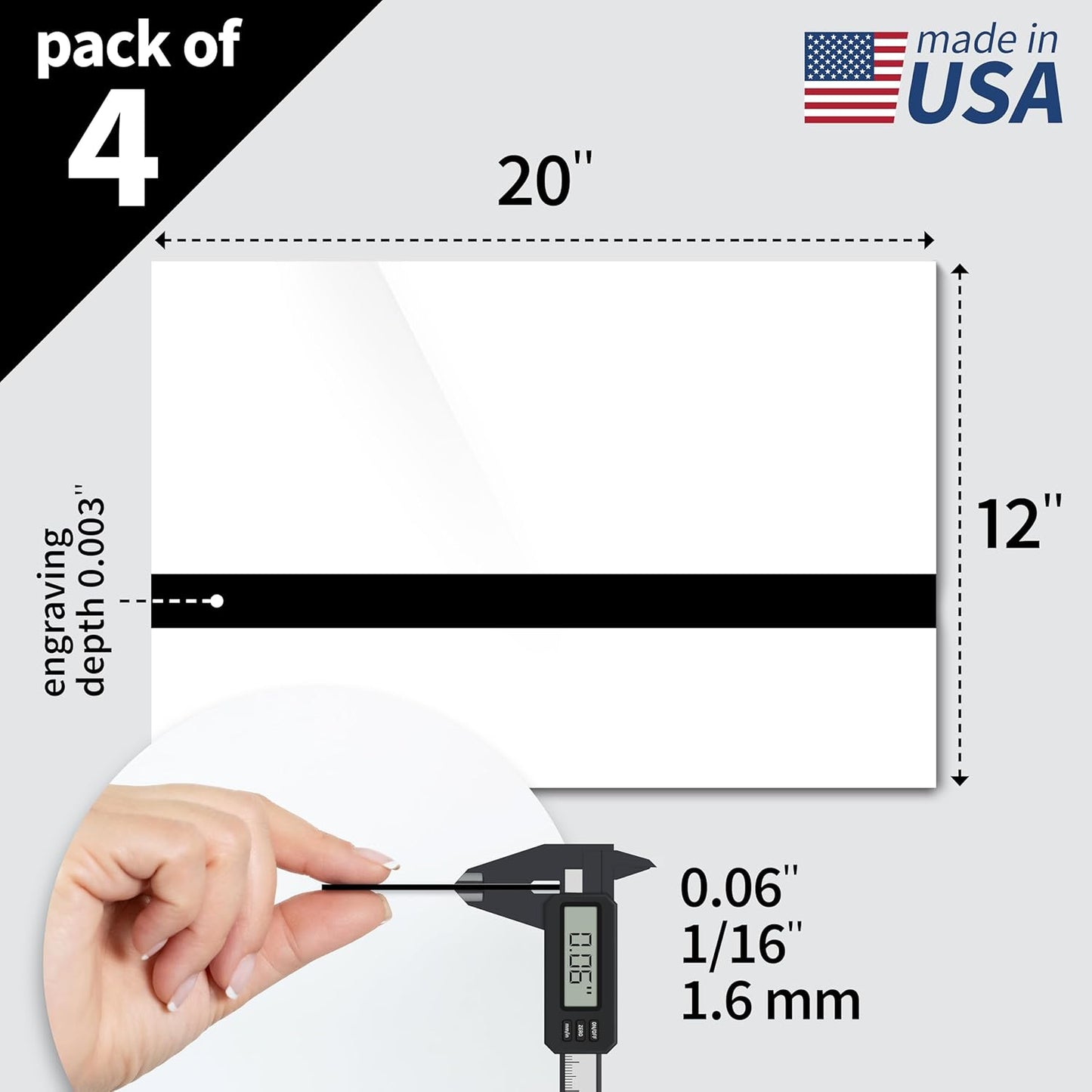 Trotec TroLase | 12"x20"x1/16", 4 Pcs | Gloss White/Black | 2 Ply | Modified Acrylic | Laser Engraving Double Color Plastic Sheet | Engraving Blanks for Laser, Saw, Guillotine | Made in USA