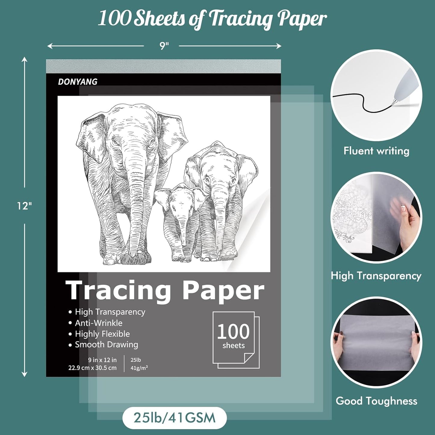 Tracing Paper 9"x12", 100 Sheets Transparent Vellum Paper for Tracing Pads, Christmas Birthday Gifts for Adults Teens, 25lb/41gsm Translucent Tracing Paper for Sketching, Drawing, Black