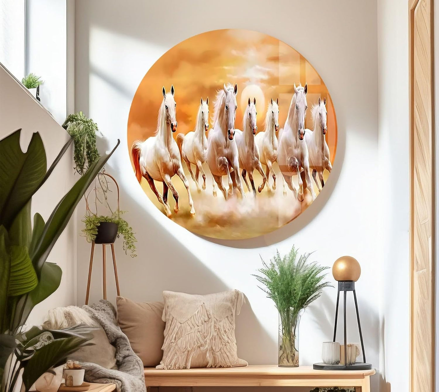 My Photostation.com 30Wx24H'' White Horses Running on Sunset Glass Wall ArtTempered Glass Printing Wall Decor Large Wall Art Wall Hangings