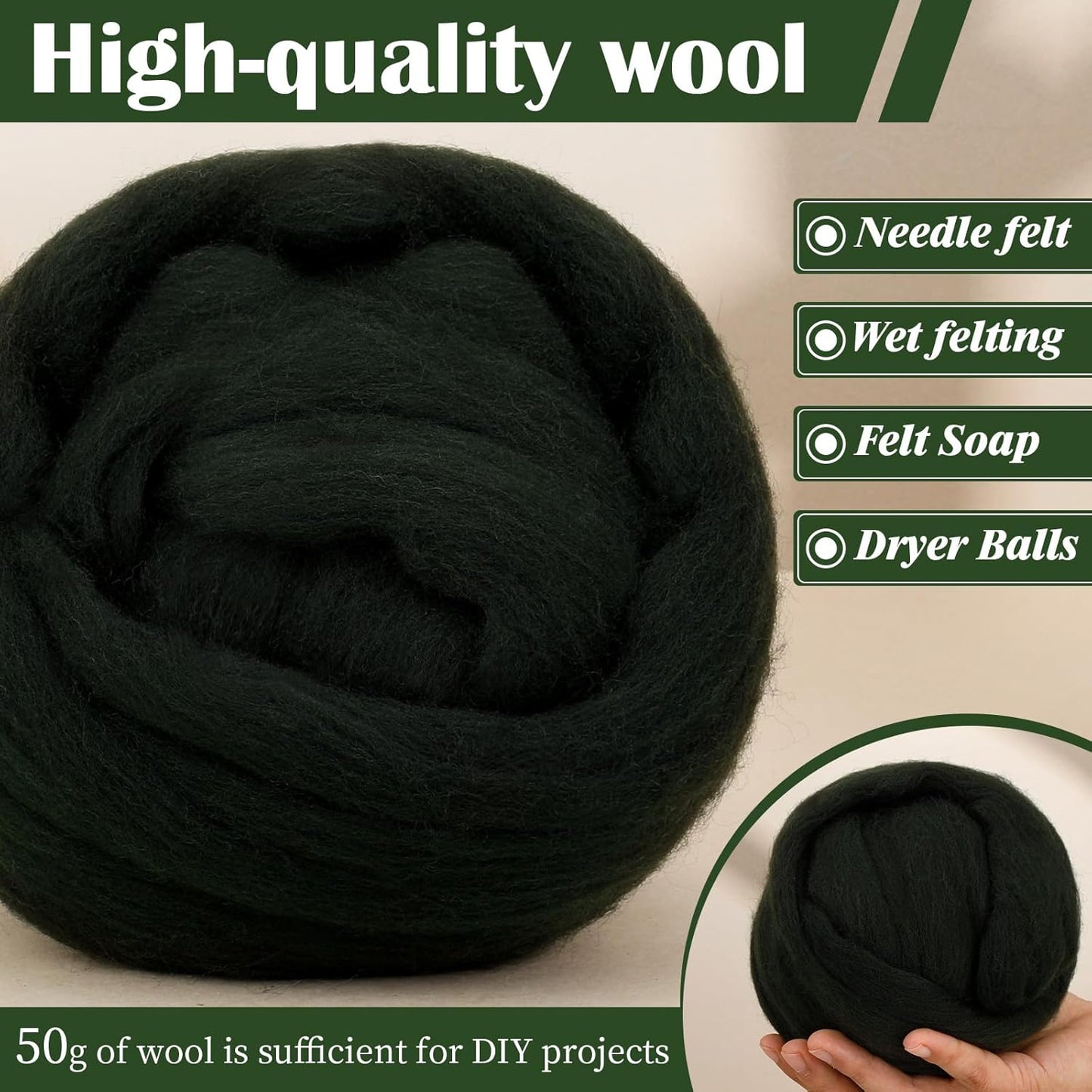 Mayboos Wool Roving Yarn, 1.76oz Colored Natural Wool Roving,Wool Felting Supplies Pure Wool Chunky Yarn for Wet Felting handcrafts and Spinning (Dark Green Color)