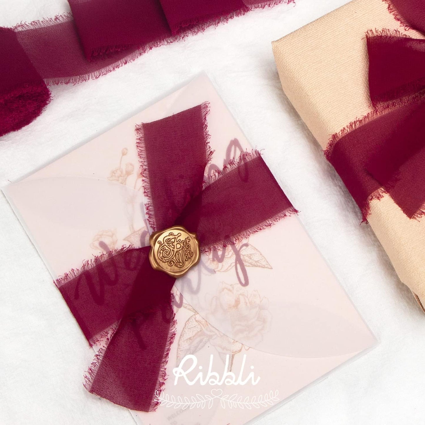 Ribbli Burgundy Chiffon Silk Ribbon, 1.5 inch x 30 Yard, Handmade, Fringe, Wedding Invitations, Gift Wrapping, Bridal Bouquets, Flower Arrangement