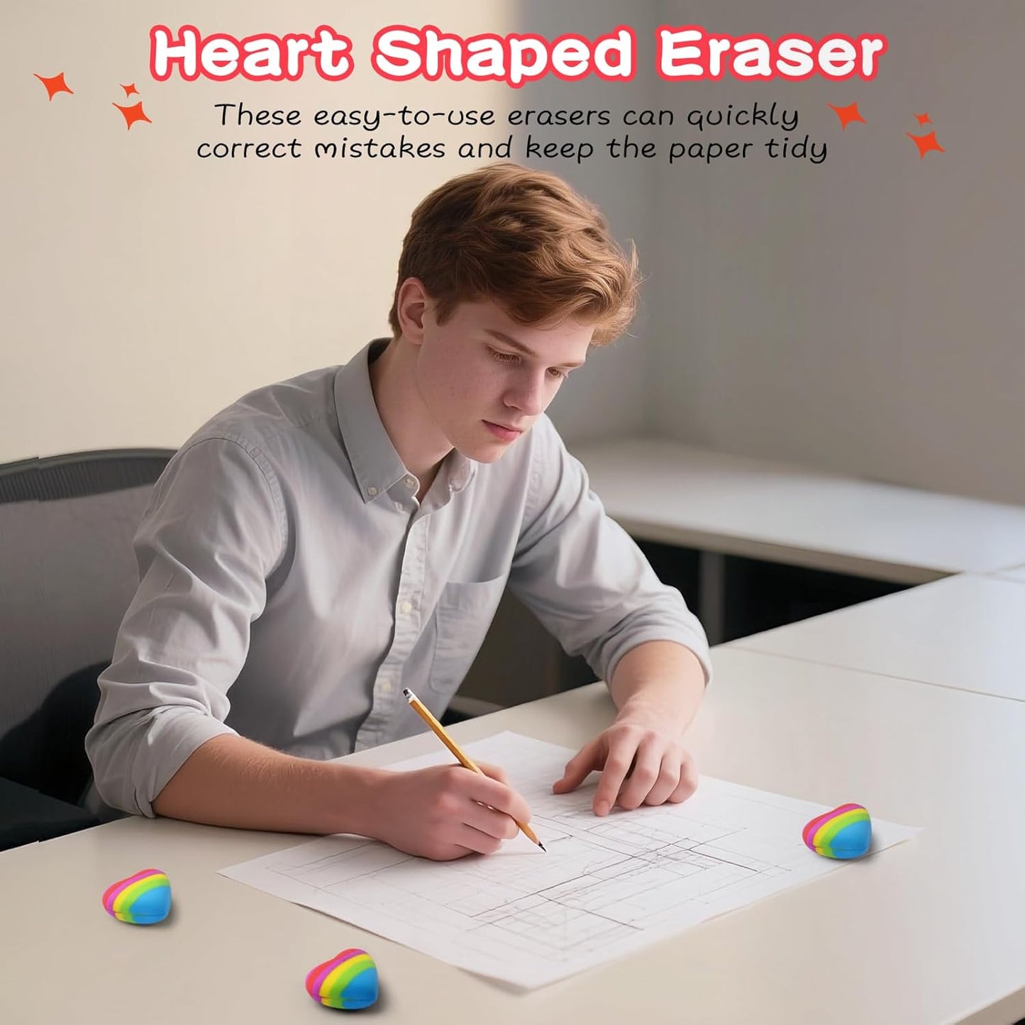 AmoreAngel Crafts 16 Pcs Heart Shaped Erasers，Pencil Erasers，Easy to Hold Rainbow Colorful Eraser，Pink Erasers,Back to School Supplies，Office Use