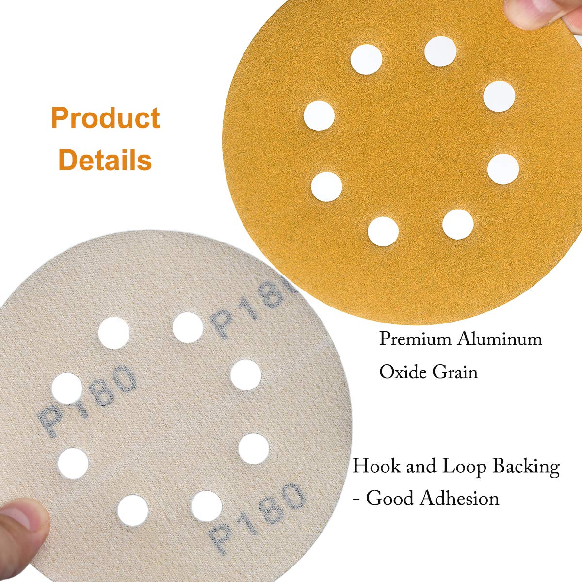 5-Inch 8-Hole Hook and Loop Sanding Discs 180-Grit Random Orbit Sandpaper, 50-Pack