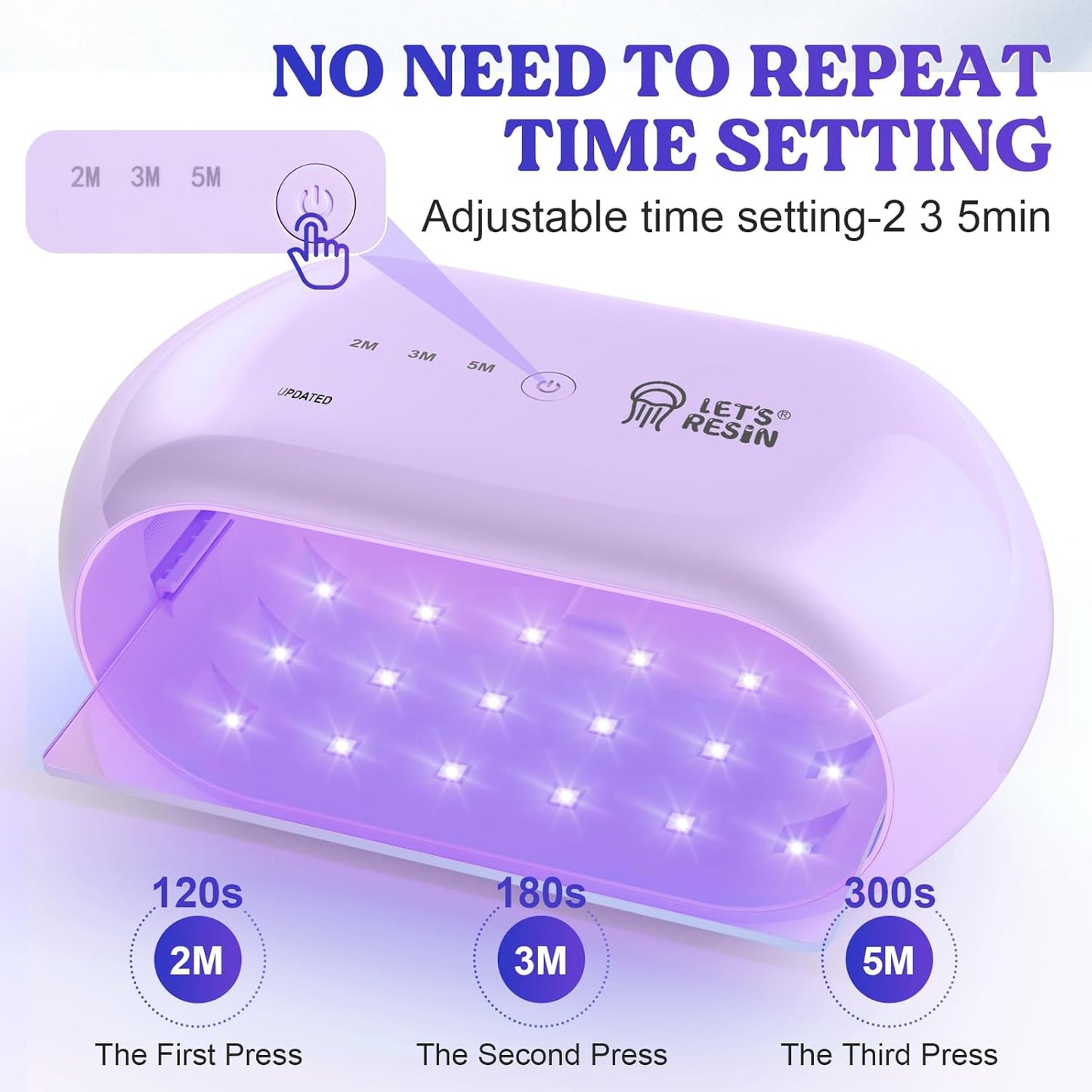 LET'S RESIN UV Light Advanced,Two-Sided Longer time Setting(2m,3m,5m) UV Lamp with Single Head Adapter, Large Size 36 Beads LED UV Light for Resin Curing,Resin Molds,DIY Craft Decor(Purple)