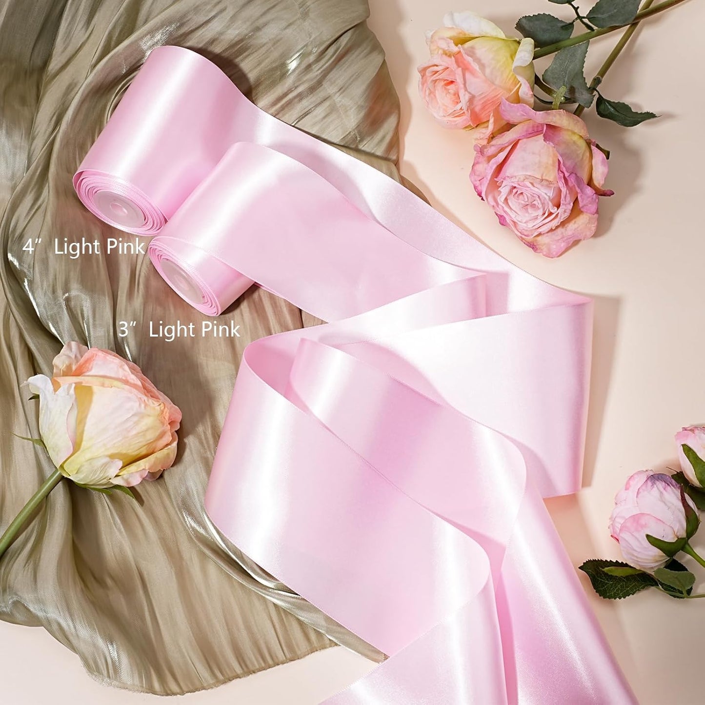 LaRibbons Light Pink Satin Ribbon 3 Inch 10 Yards Double Faced Luxury Light Pink Silk Ribbon for Gift Wrapping Flower Bouquets Bow Christmas Wedding Party Decoration