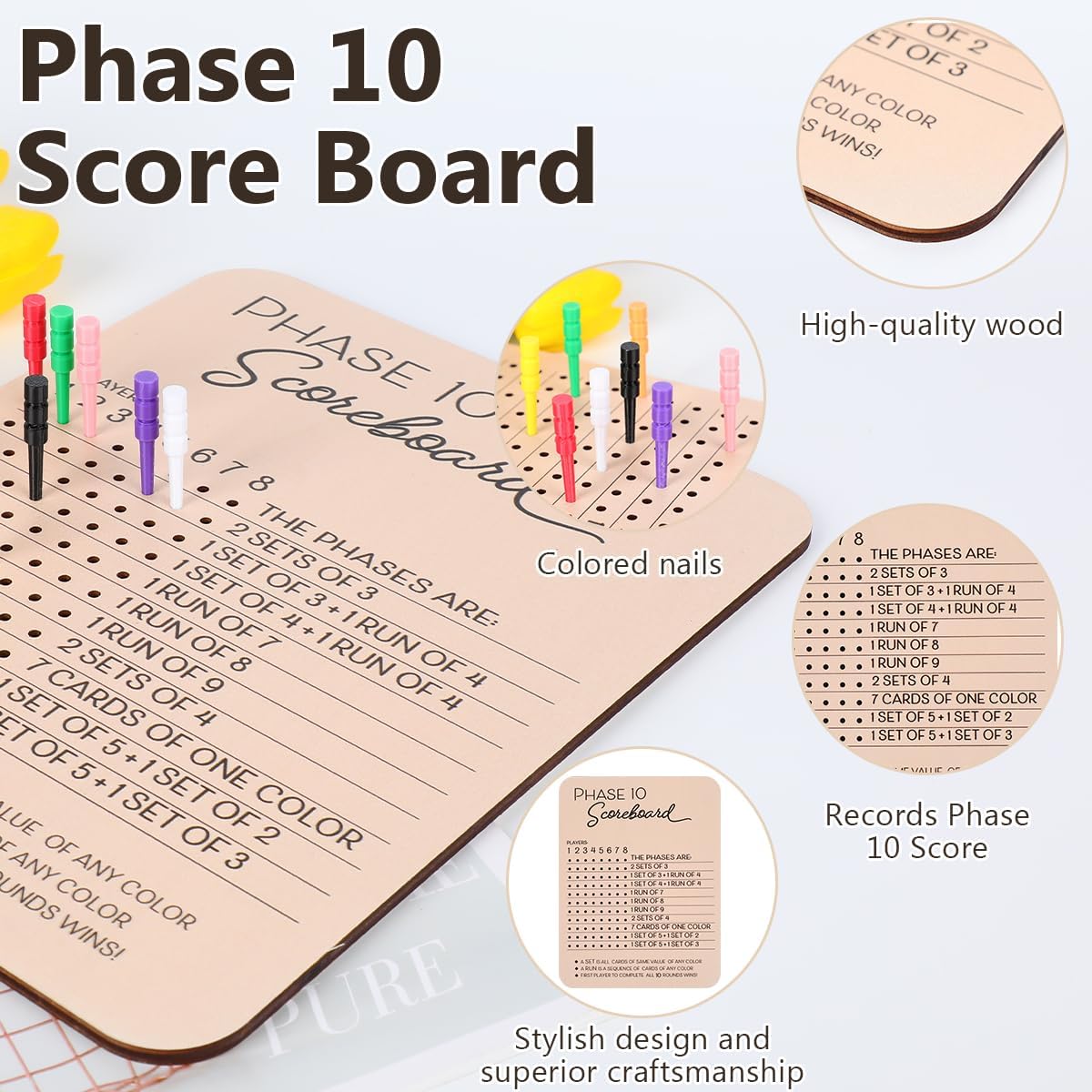 Phase 10 Score Board, Wooden Phase 10 Scoreboard, Phase 10 Score Sheets with 8 Colored Pegs, 10 Scorecard and Round Tracker, Classic Family Adults Board Card Games Night Table Score Boards