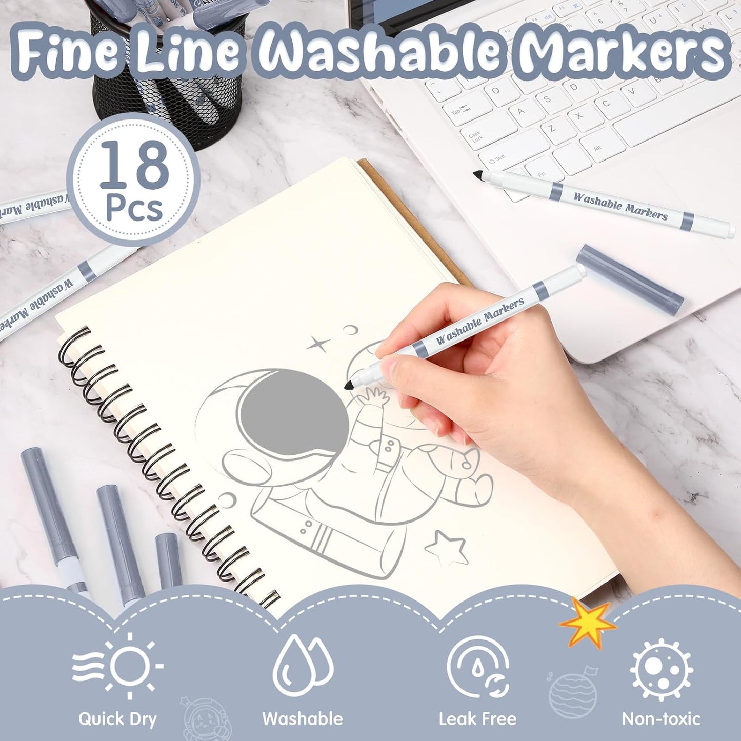 18 Pcs Line Washable Markers Bulk Grey Fine Tip Markers Set Coloring Thin Tip Drawing Washable Pen for Kids Art School Classroom Back to School Gender Reveal Party Supplies, Ages 6+